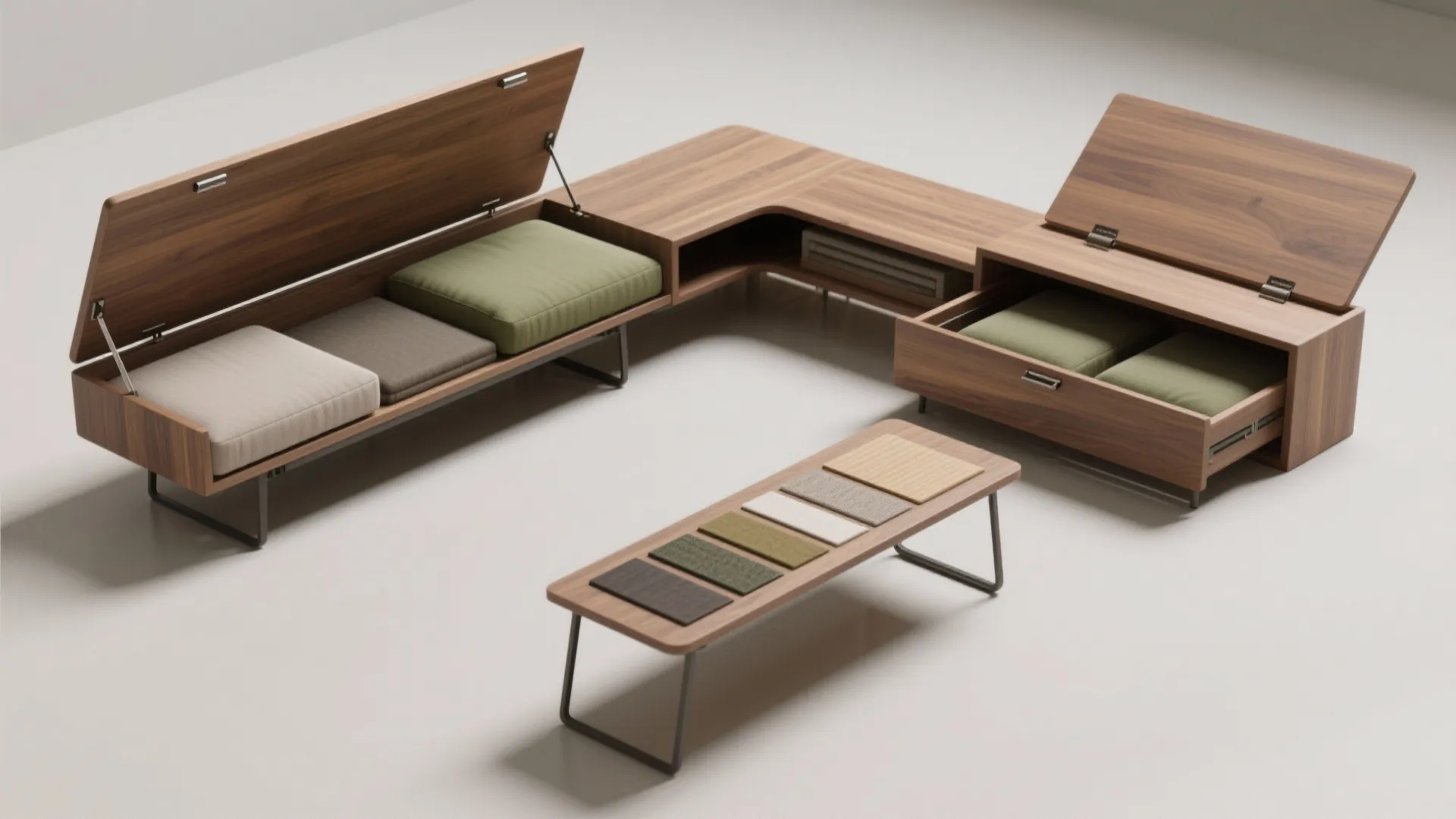 Top-down view of convertible benches with cushions removed to show internal storage and material swatches.