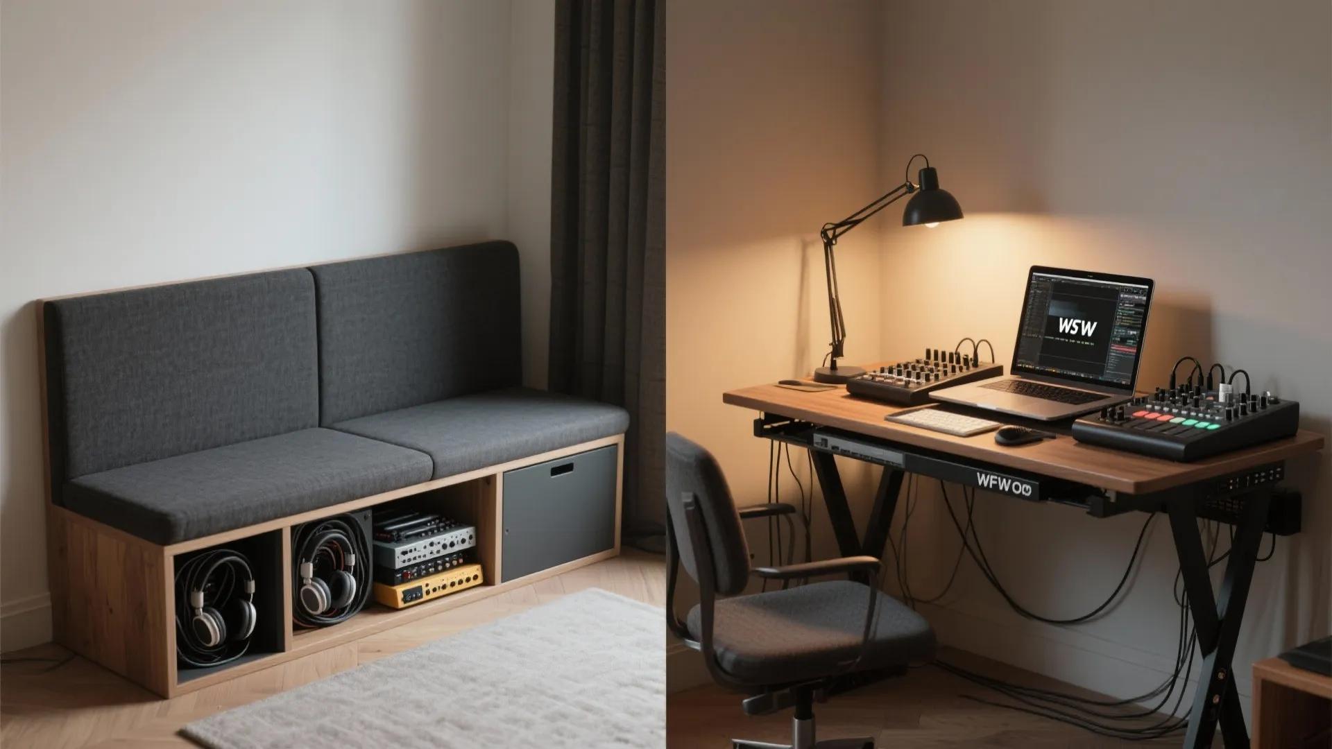 3. Multi-use furniture: a bench that becomes a mixing desk