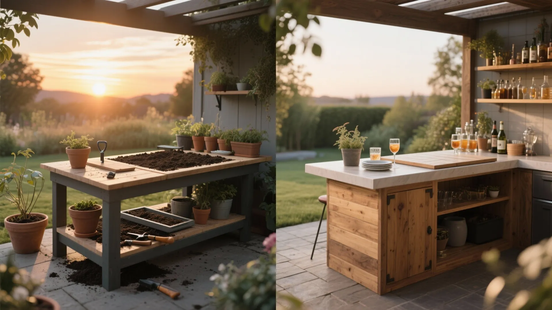 5. Multi-use bench that doubles as potting table and serving bar