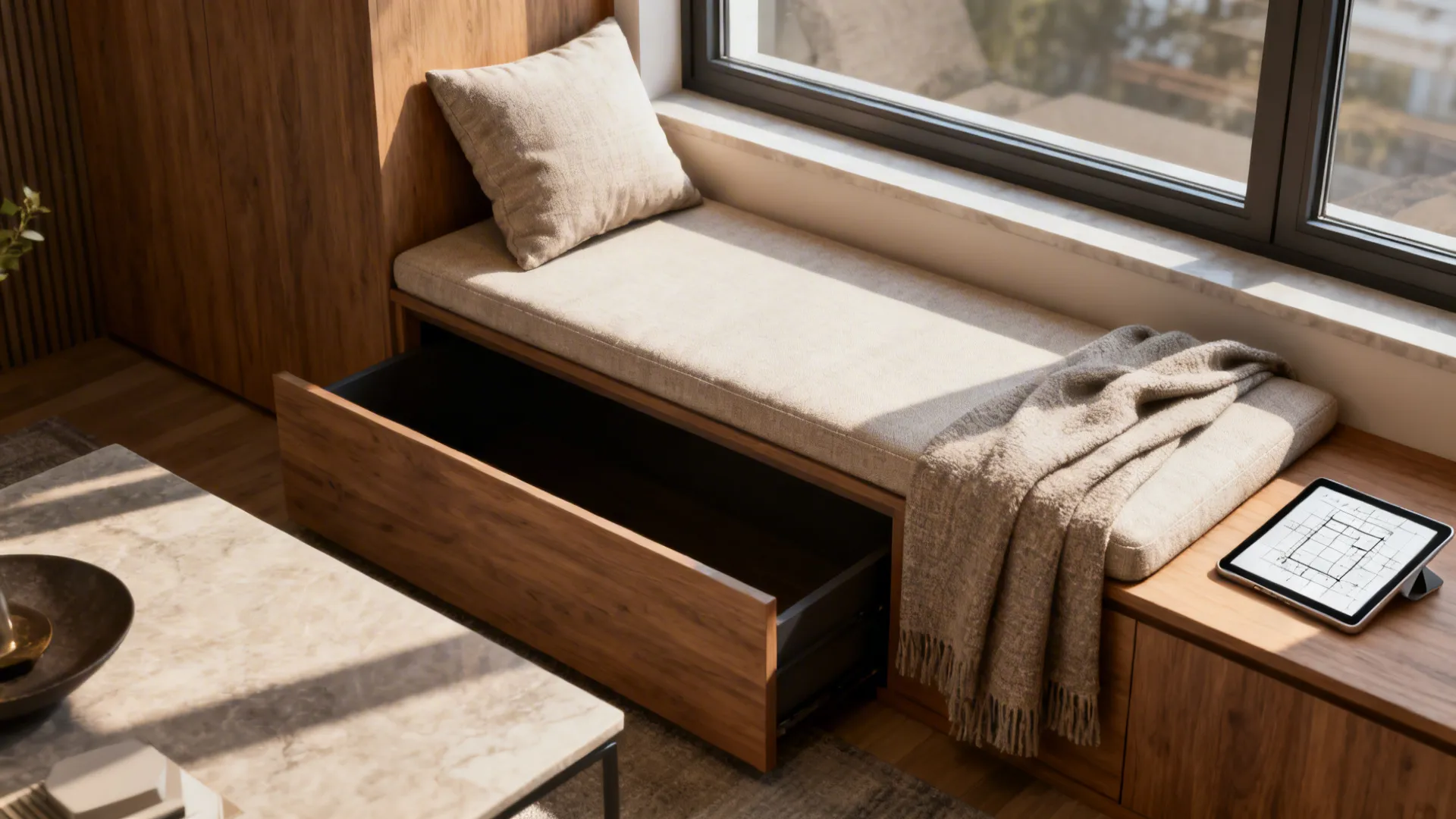 Cushioned storage bench used as extra seating and storage beside a low coffee table and window seat.