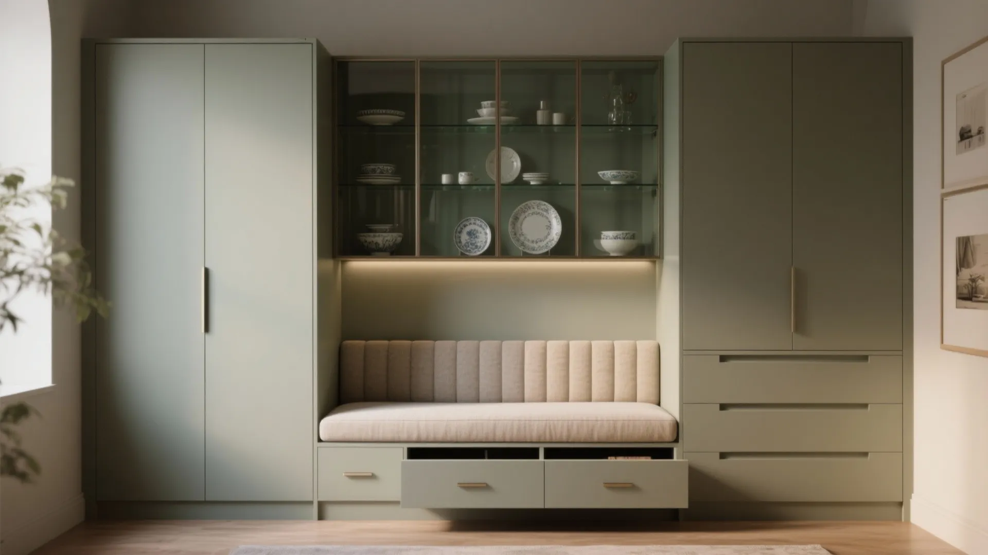 Green storage cabinet with glass display doors above a soft bench seat and large drawers