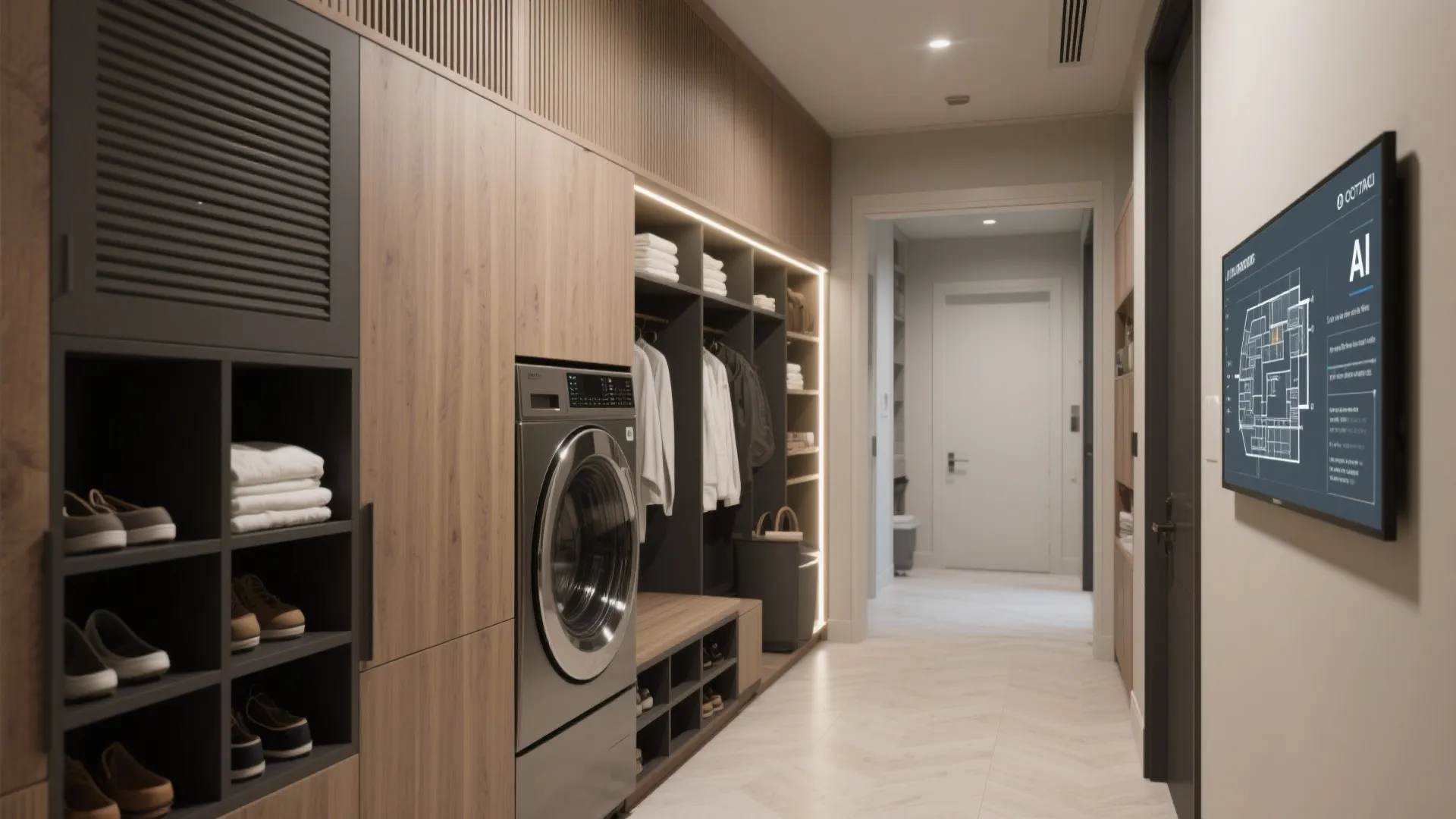 Modern hallway featuring wooden cabinet with integrated washing machine laundry storage and digital room layout