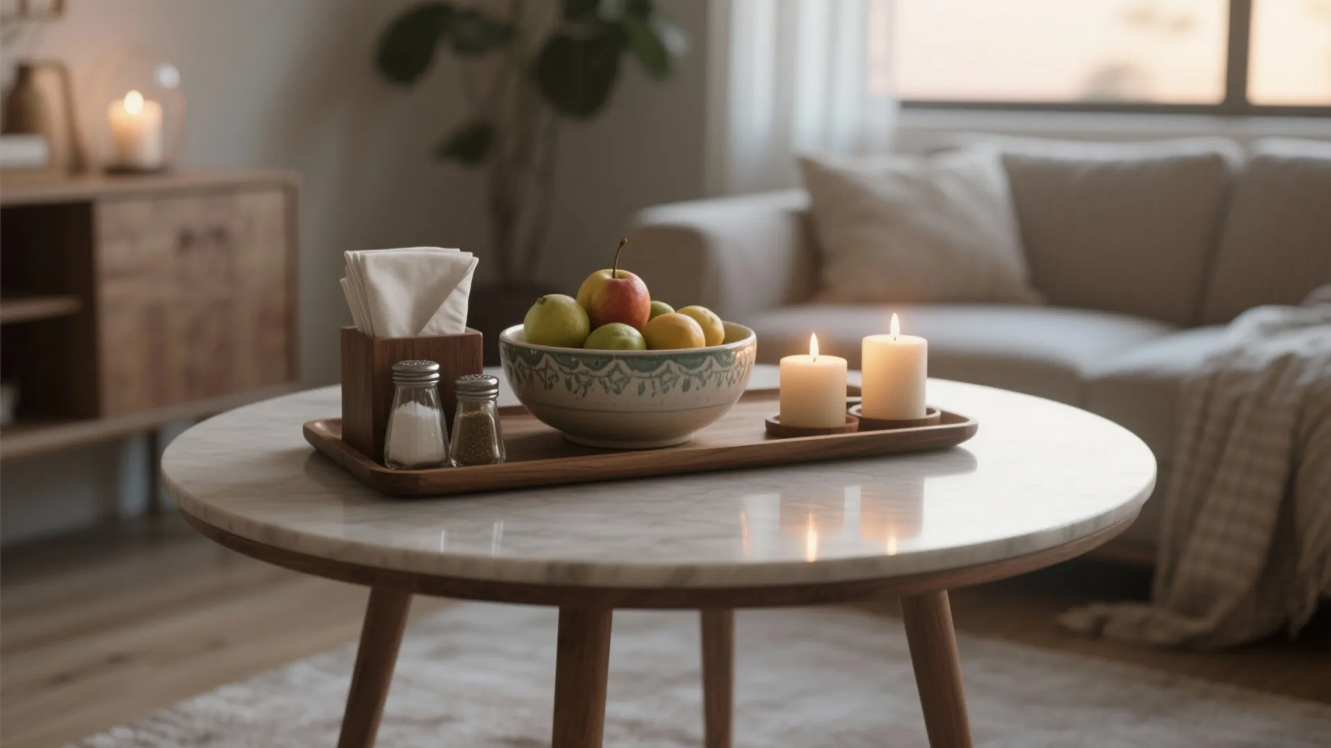 3. Multi-Use Centerpiece: Candles, Bowls and Practical Decor