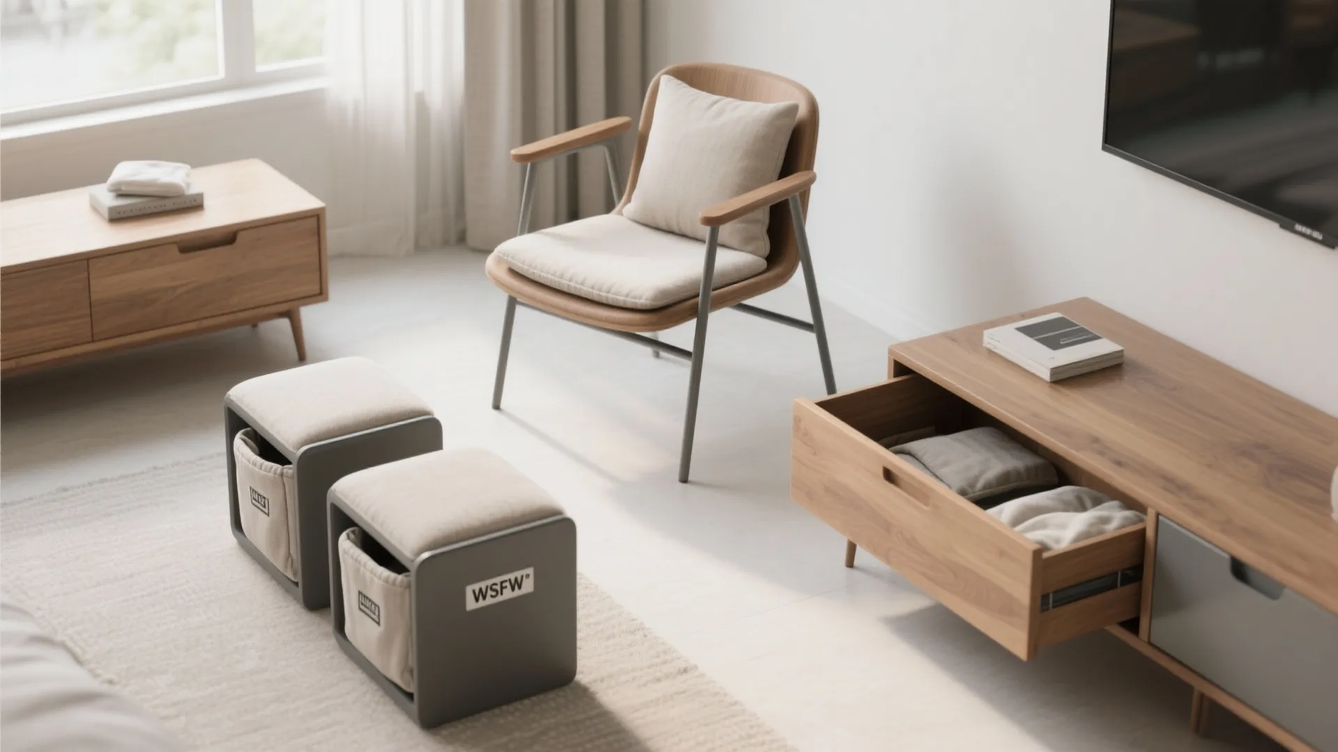 Multi-functional storage stools with removable cushions and a chair showing hidden storage in a compact living space.