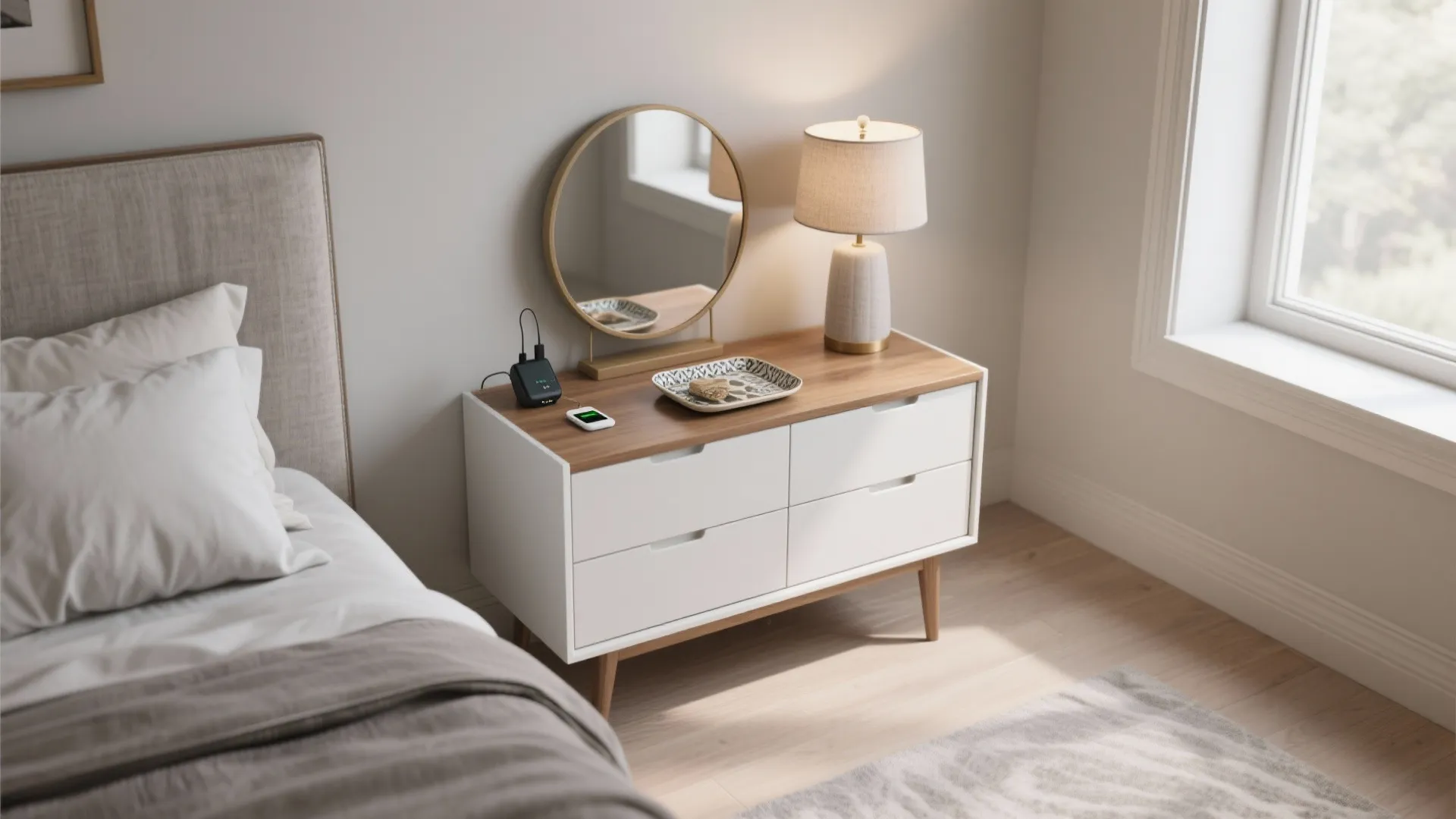 Modern white bedroom cabinet with wood top featuring round gold mirror lamp and bed pillows