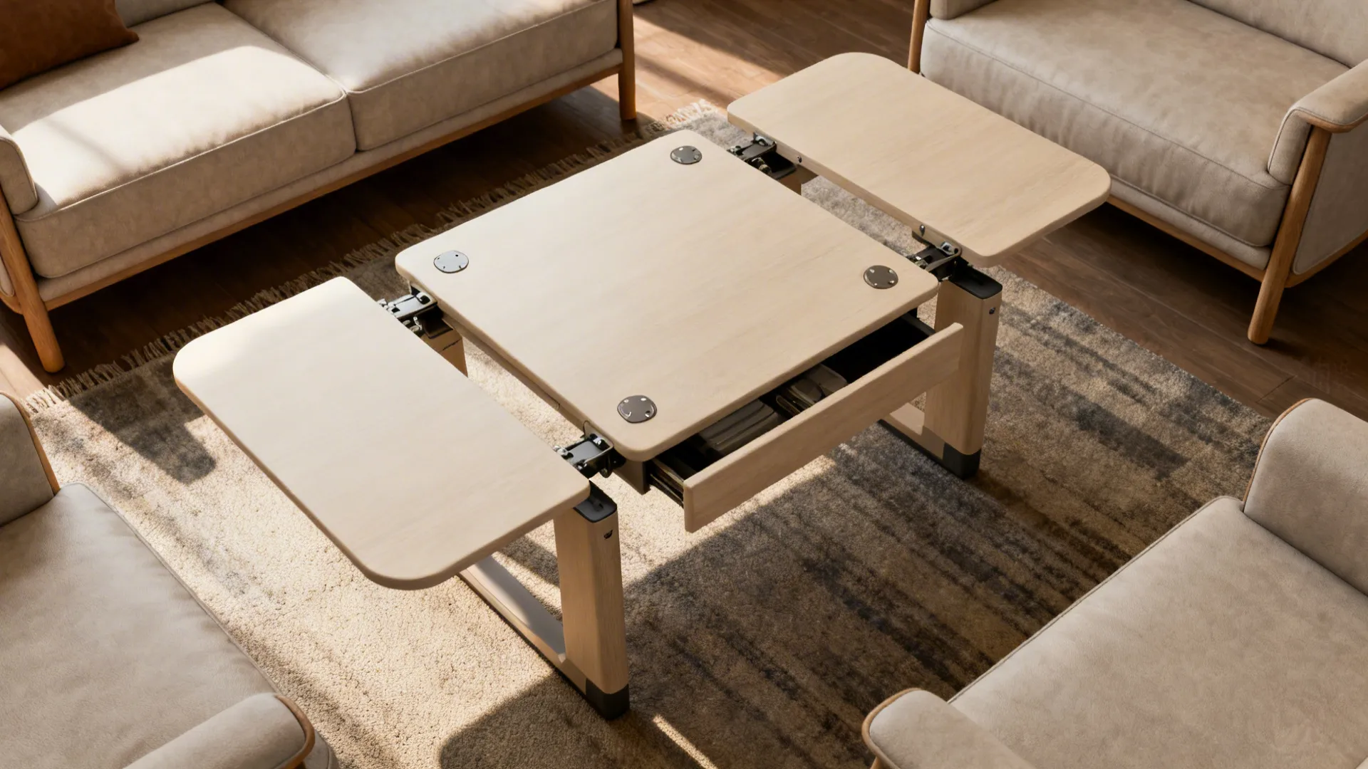 Convertible coffee table shown partially raised to dining height with rounded corners in a small living room.