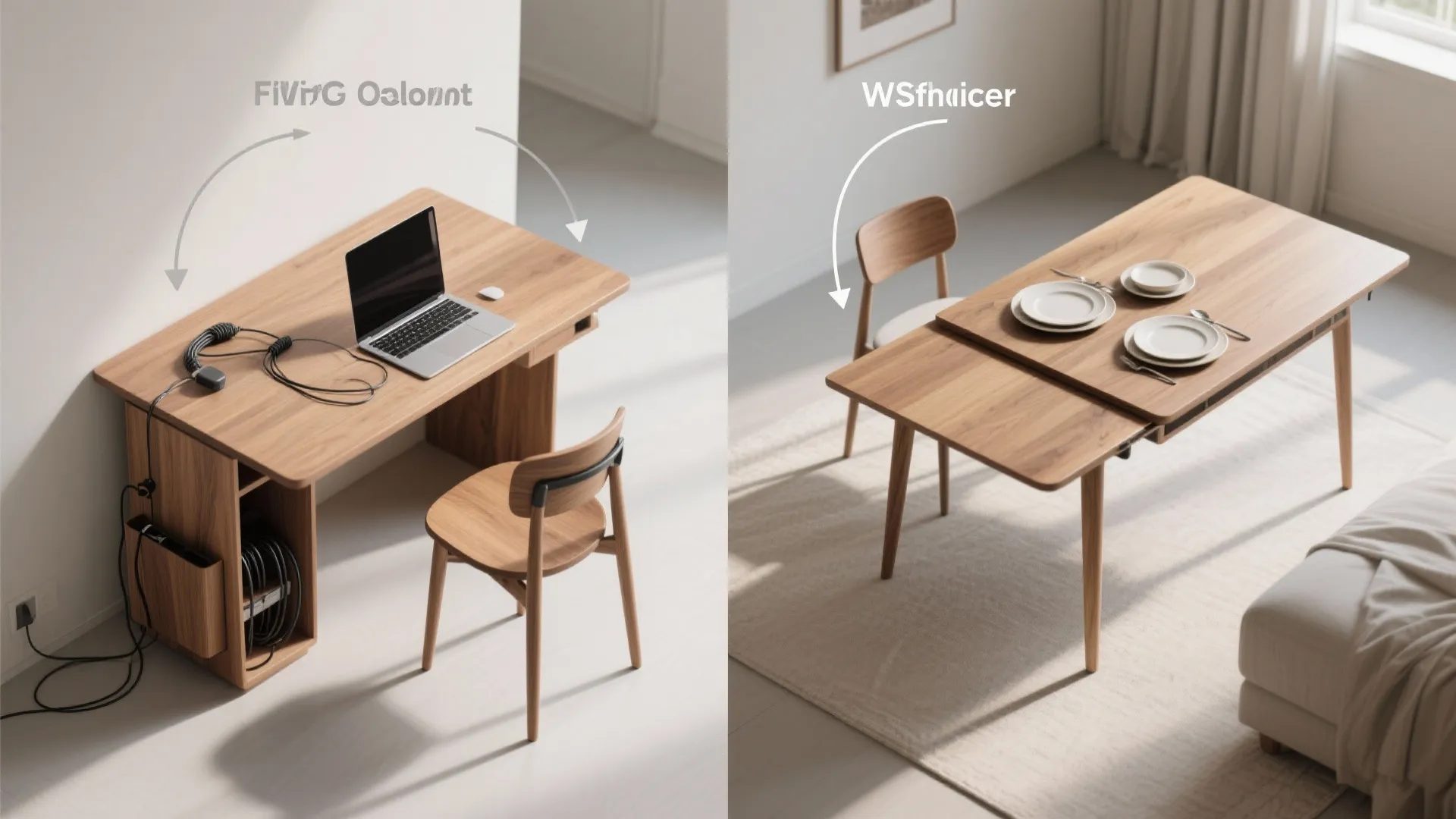 Top-down view showing a folding console transforming into a dining table and a daytime workspace with laptop and cable caddy.