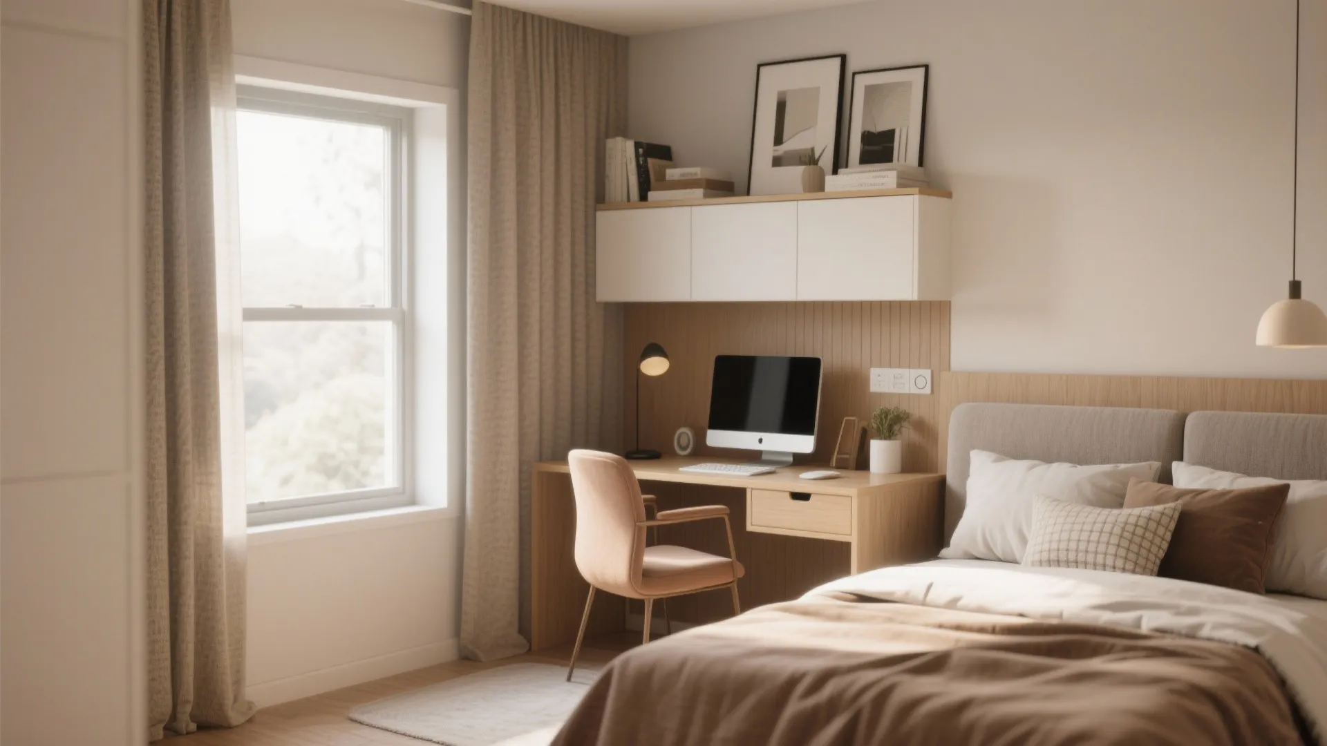 Compact home office corner in a bedroom with wooden desk chair computer and white cabinet