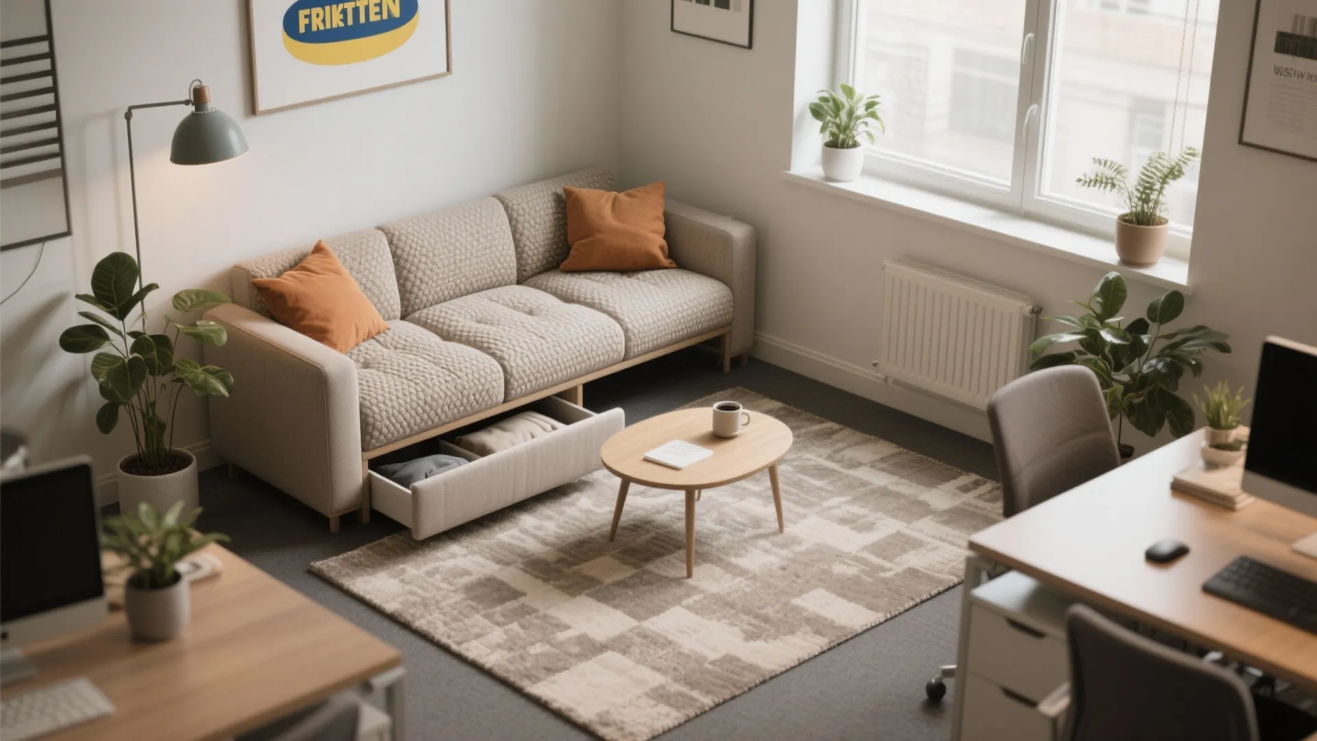 5. Multi-use corner: a compact sofa, daybed, or bench with storage