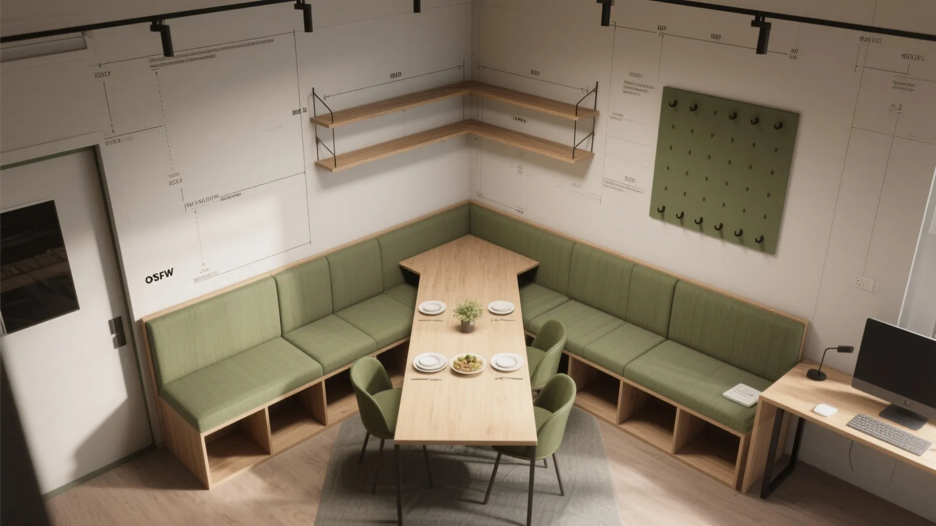 Modern green corner sofa with dining table wooden shelves wall hooks and a small desk