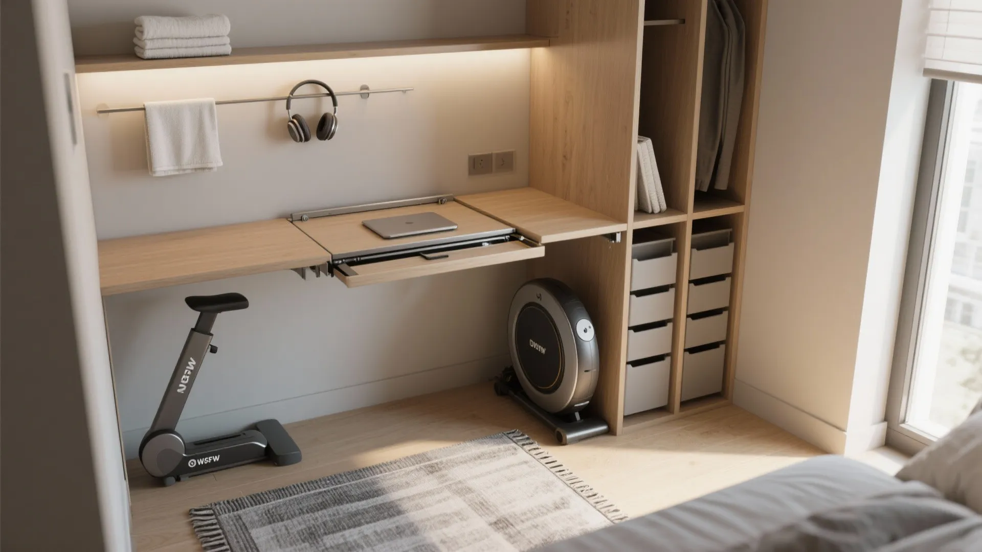 Multiuse corner with a fold-down desk above an elliptical, vertical storage and a slim shelf holding towels and headphones.