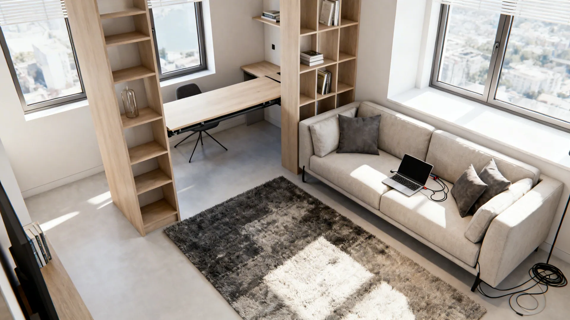Dayroom with narrow desk behind sofa and open shelving dividing work and lounge zones