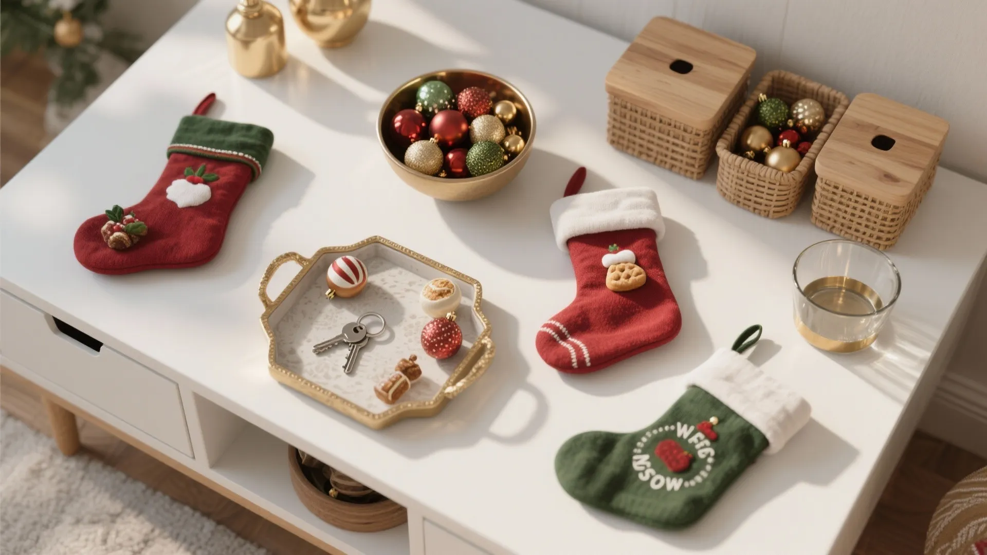 White cabinet top with red Christmas stockings small gift boxes and gold tray with keys