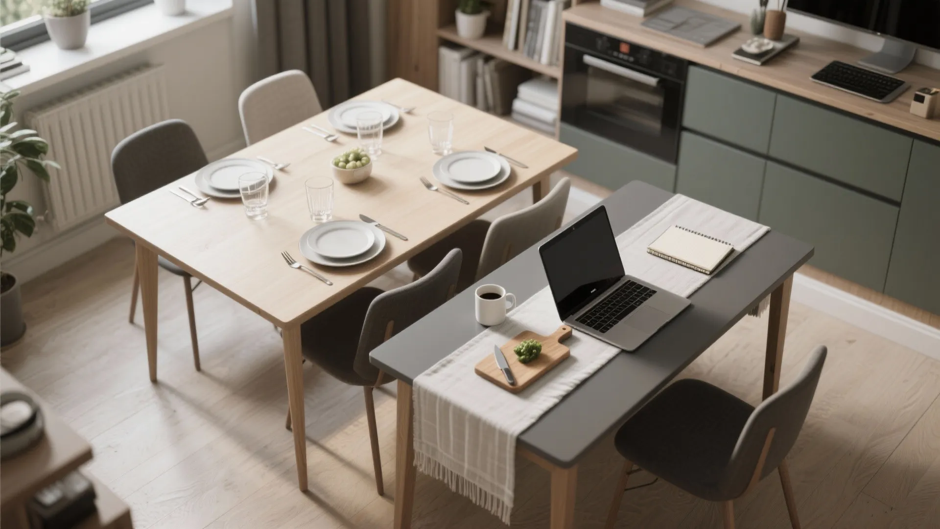 Modern dining room with wooden table set for meal and separate grey desk for laptop work