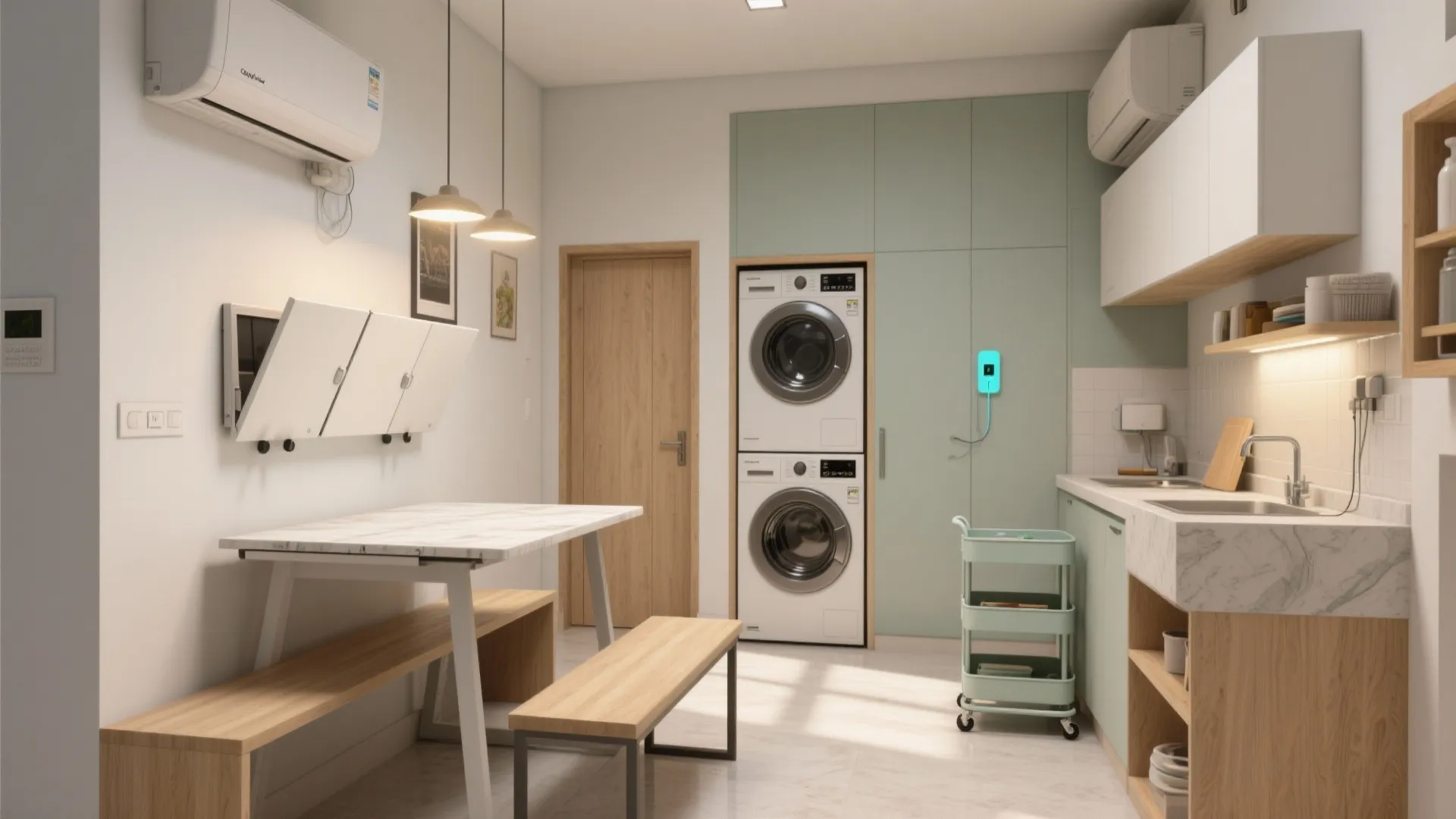 Multi-use dining and utility zones that hide the mess