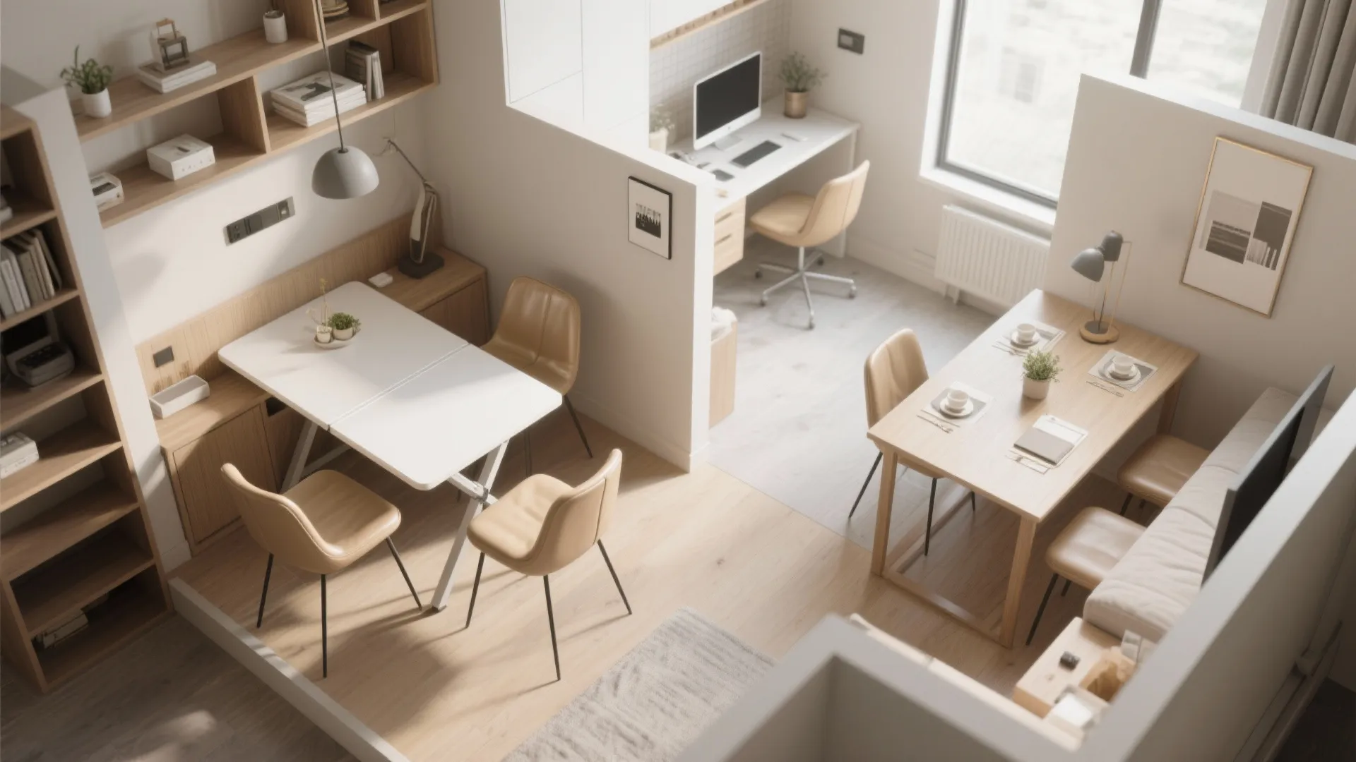 Top view of a multifunctional living area with dining table chairs and a home office desk