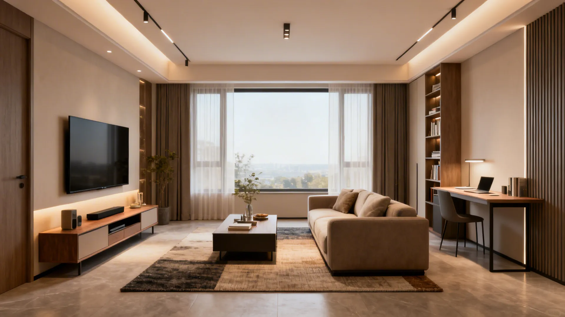 Rectangular living room divided into TV area and compact workspace with vertical shelving.