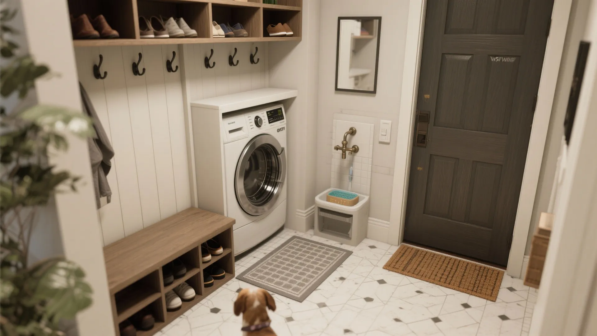 Multi-use entry functioning as mudroom, laundry and pet station with concealed washer and storage.