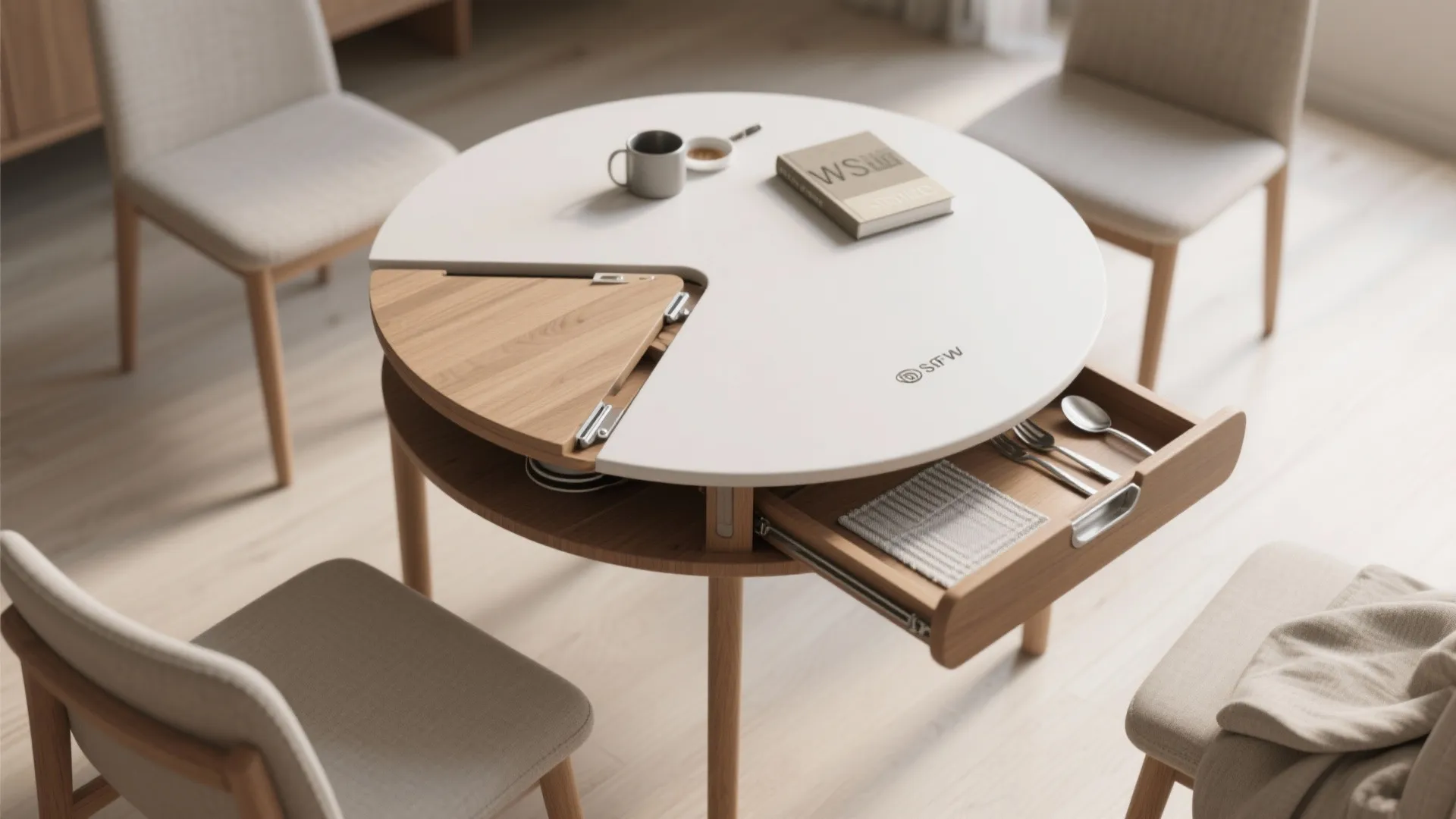 Round white dining table with hidden storage drawer for cutlery and folding wooden table leaf