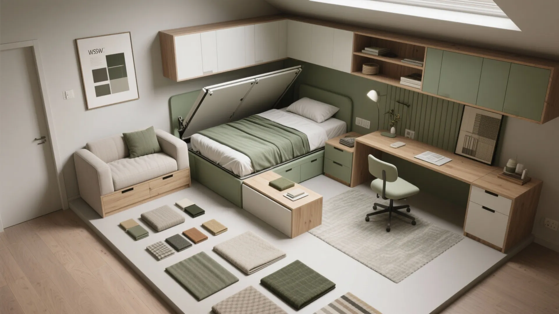 Top-down material flatlay of fold-down bed, compact sofa, desk and storage samples for a multi-use room.