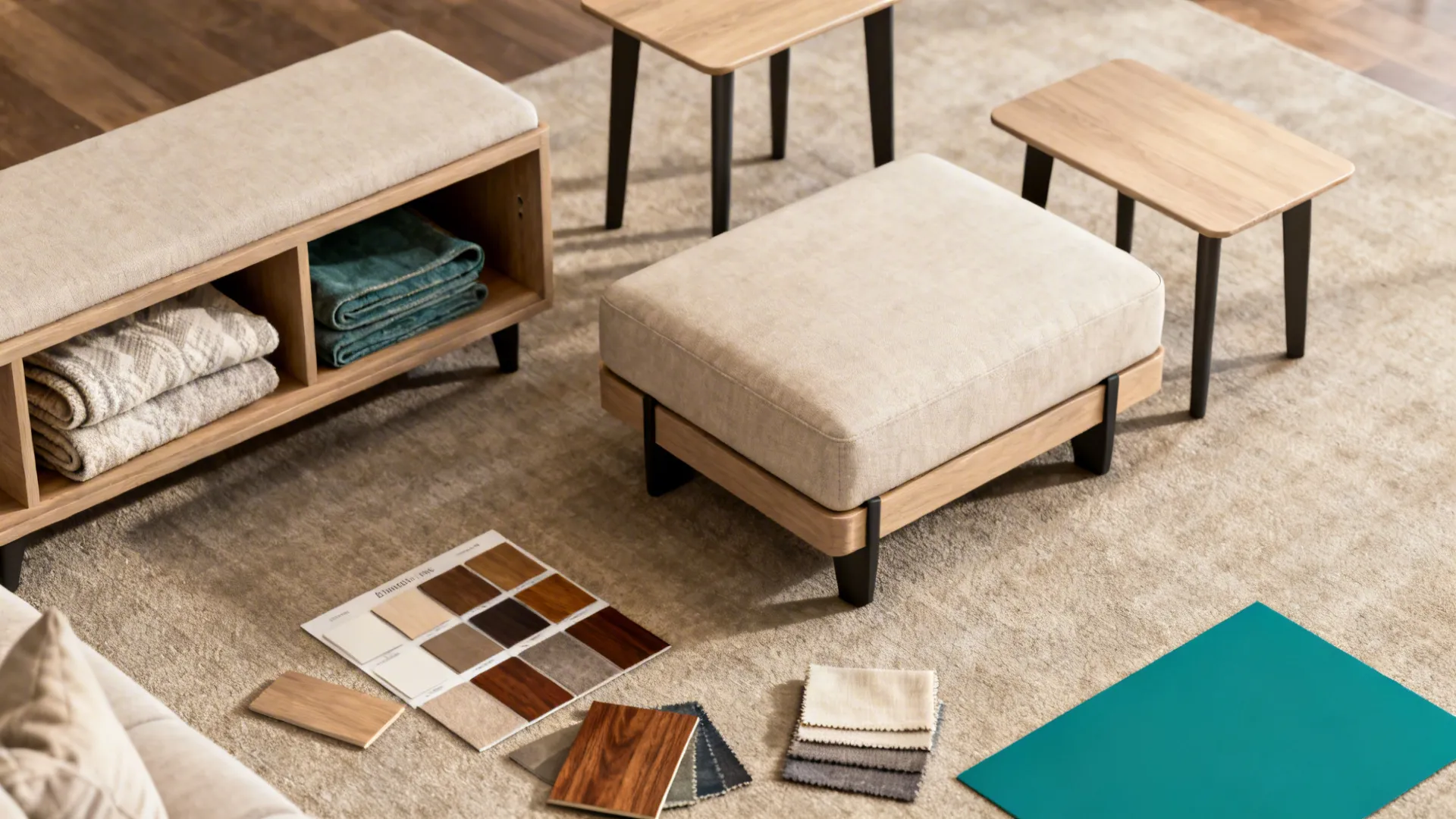 Top-down flatlay of multipurpose furniture samples and materials for a Dewberry-style living room.