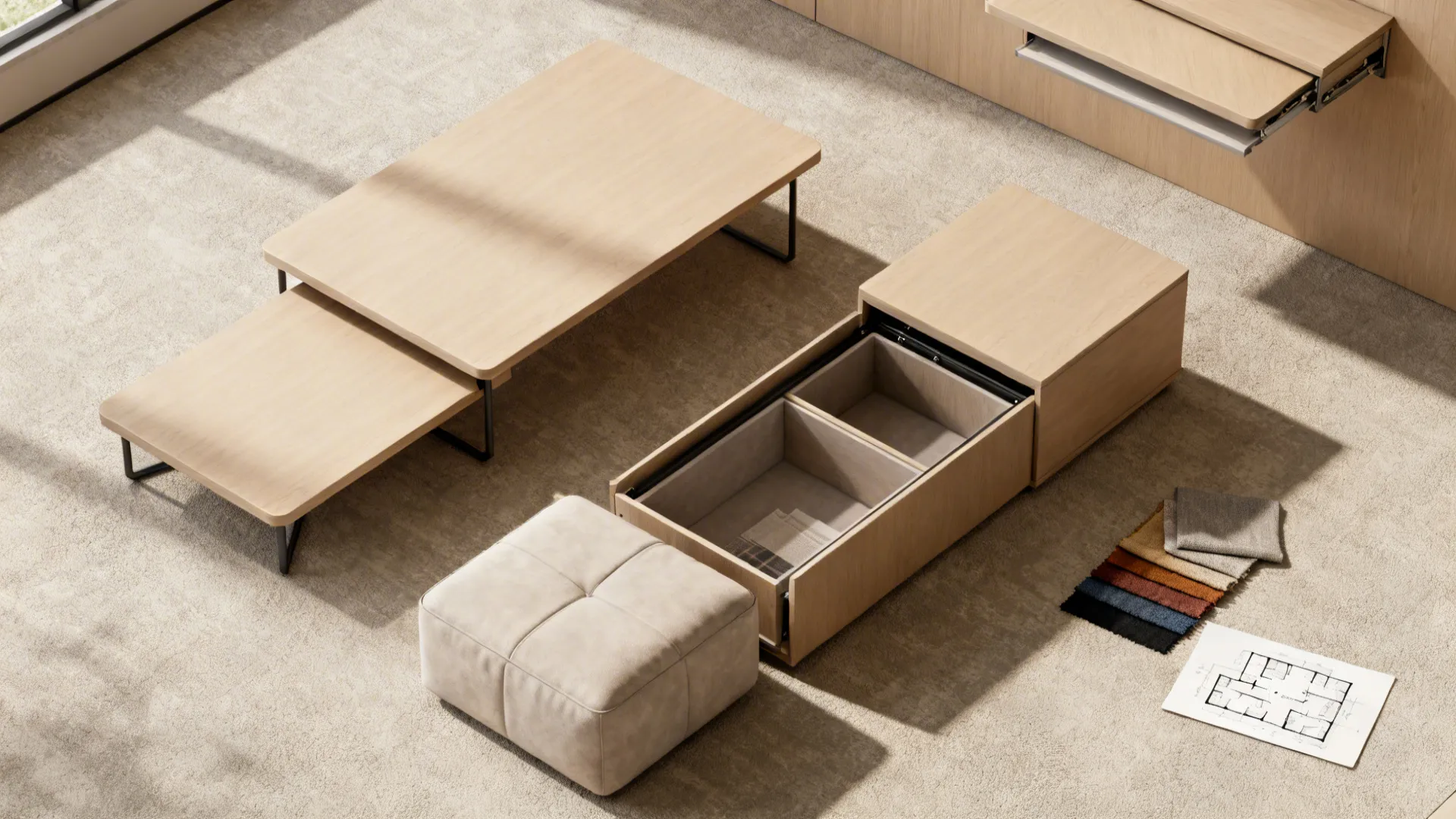 Top-down flatlay of nesting tables, fold-down desk, and storage ottoman with fabric swatches