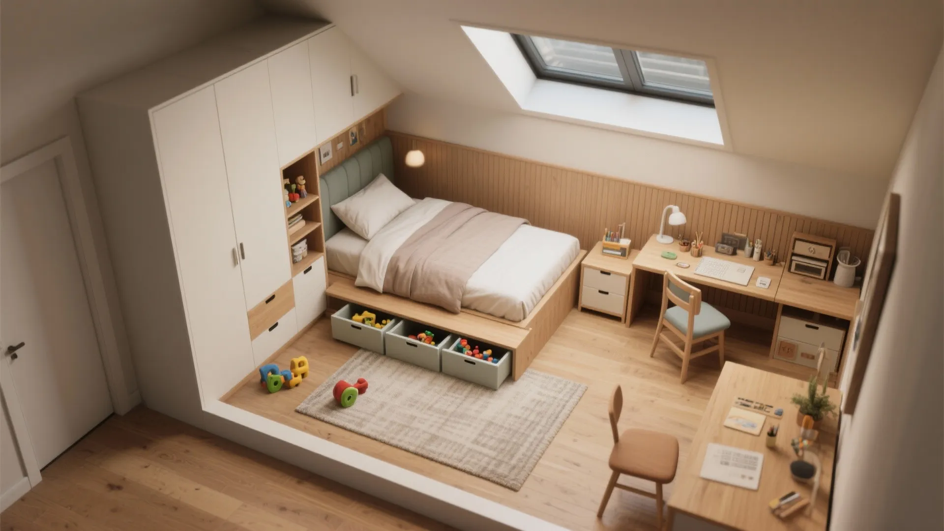 Kids bedroom with white wardrobe wood bed under roof window and desk for study area