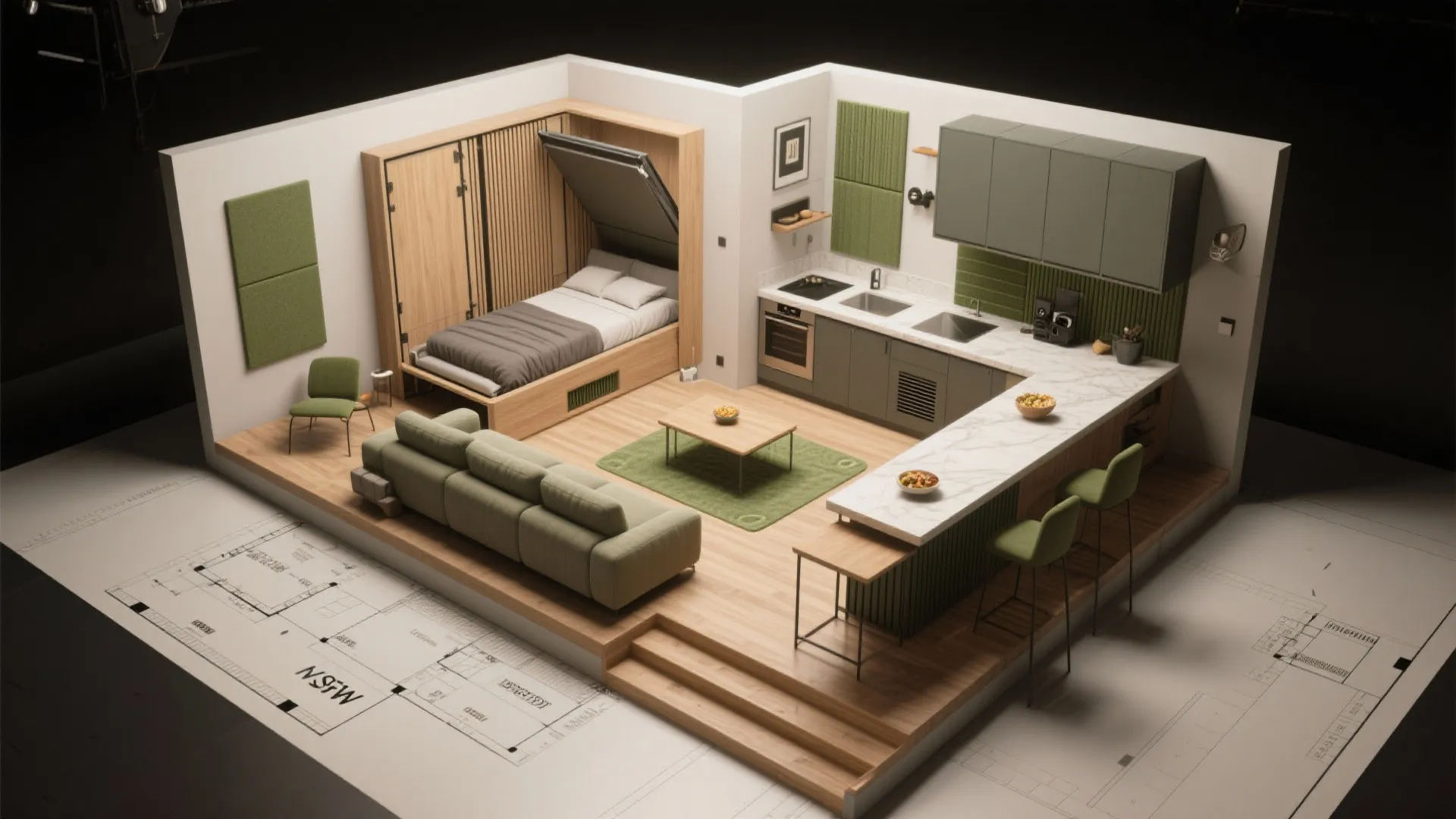 Modern studio apartment layout with wooden floors a folding bed green sofa and small kitchen