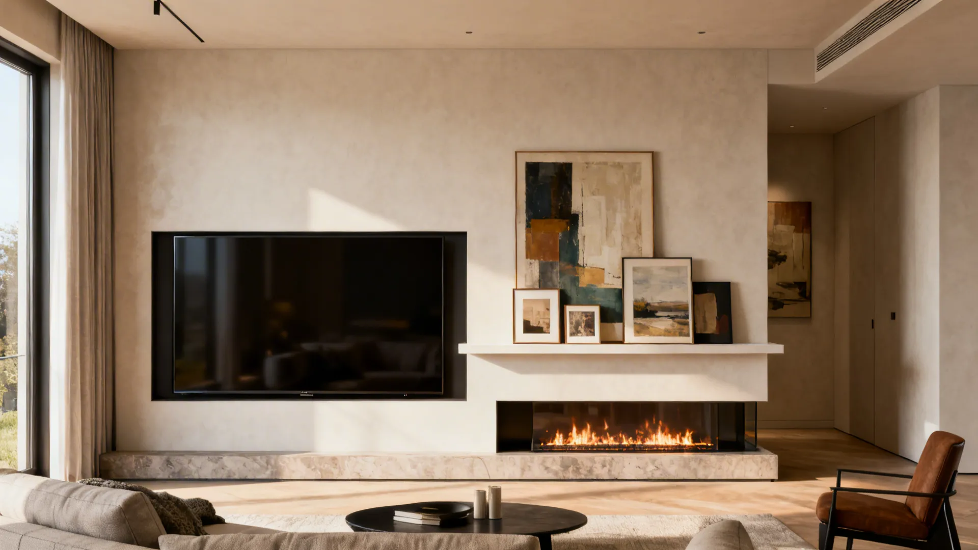 TV wall combined with fireplace and artwork forming a layered focal point.
