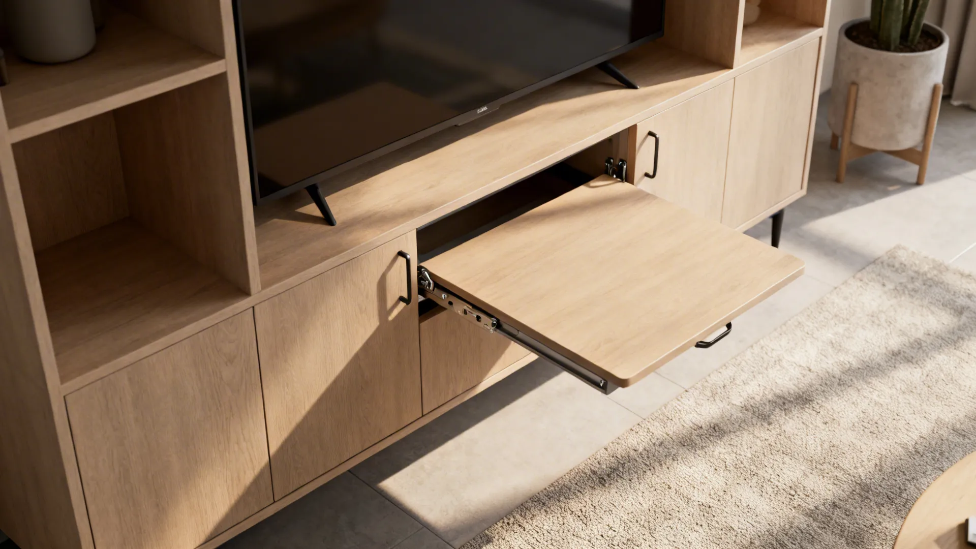 Multi-use cabinet with a fold-down table forming a compact desk for WFH