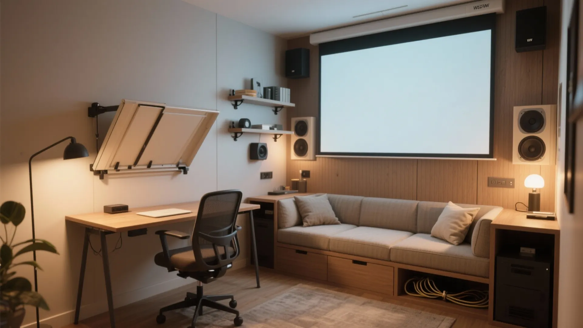 Modern home office and cinema room with wood desk black chair sofa and projection screen