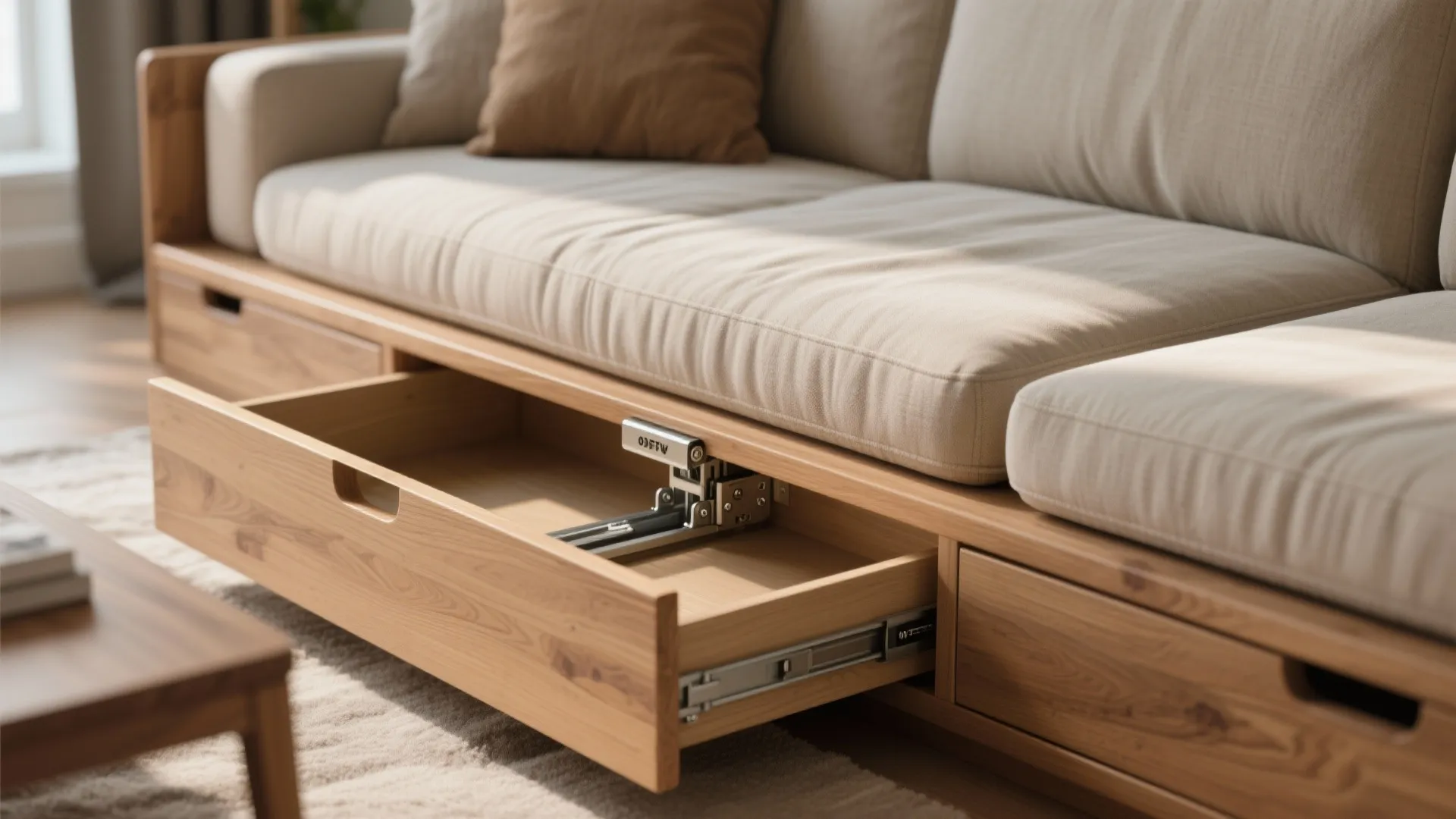 Wooden sofa frame showing a pull out storage drawer with metal rails on a rug