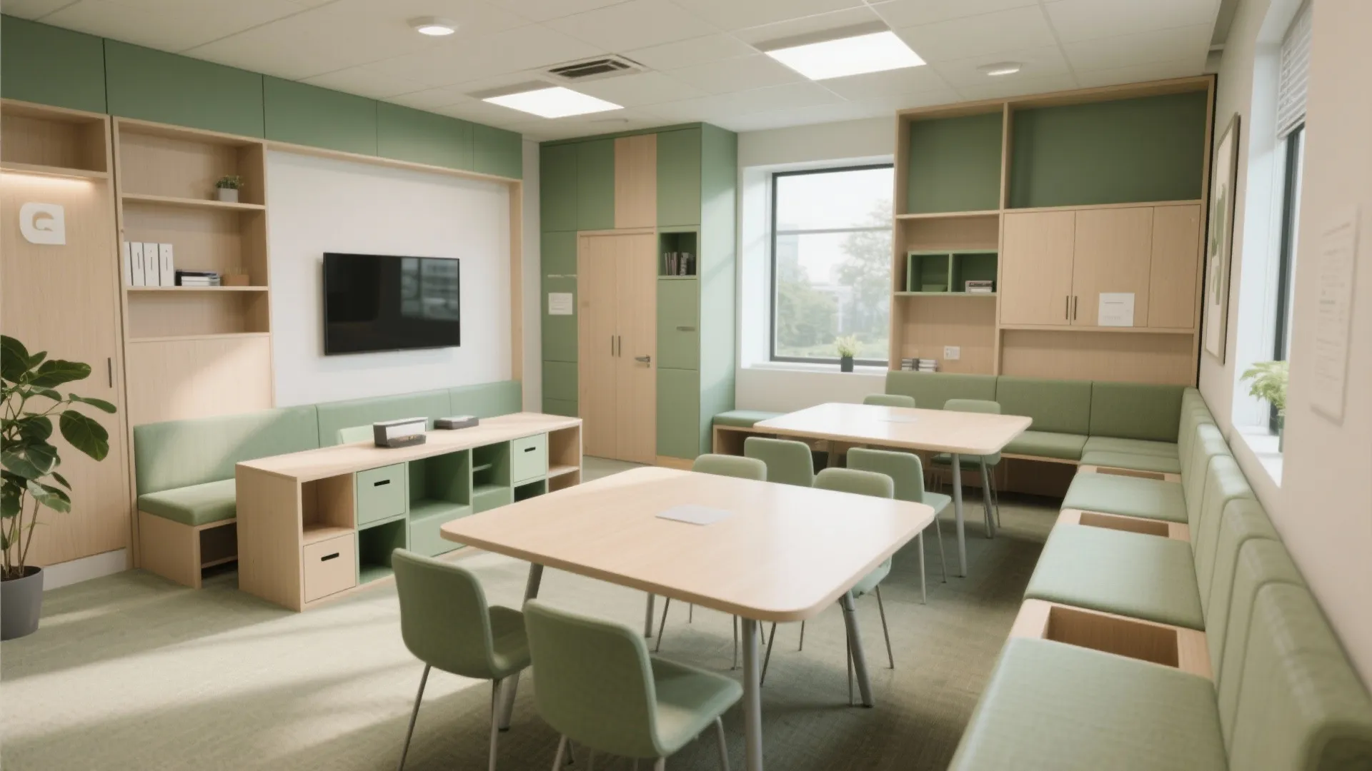 Space-saving multifunctional furniture in a modern staff room