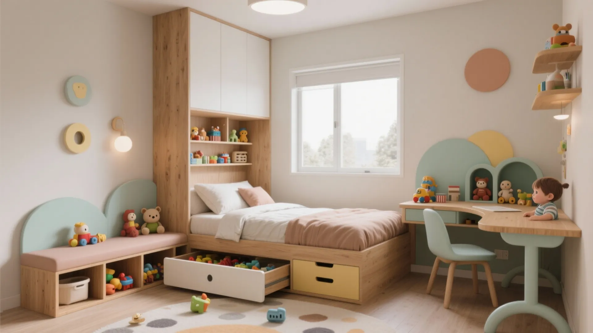 Modern kids bedroom with wooden bed drawer storage desk chair and white cabinet for small rooms