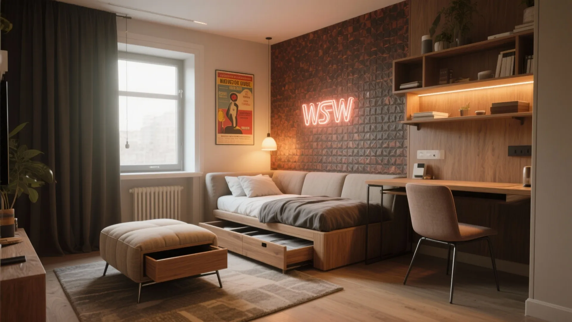 Modern small room with daybed including storage drawers plus wooden desk and orange neon sign