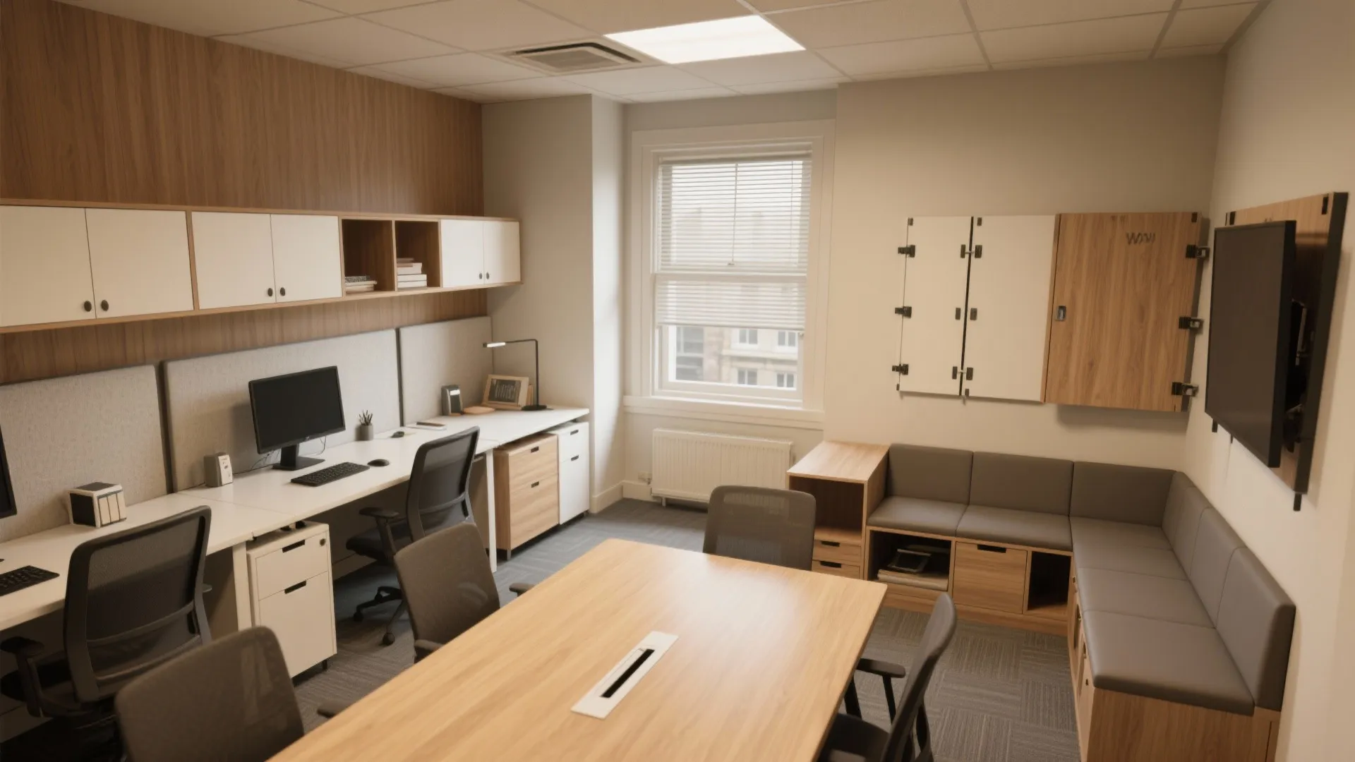 Compact office showing multi-purpose desks, fold-down tables and benches with hidden compartments in warm laminate finishes.