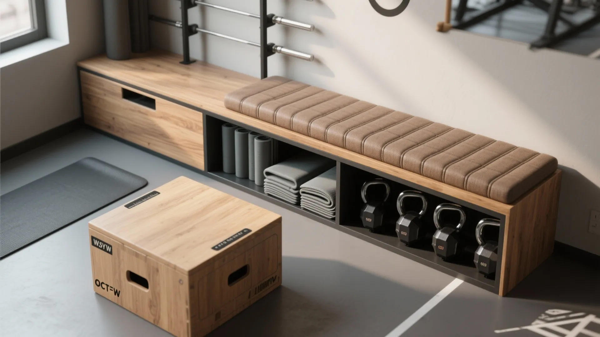 Multi-use furniture: storage bench, plyo-box console and hidden dumbbell storage in a compact gym.