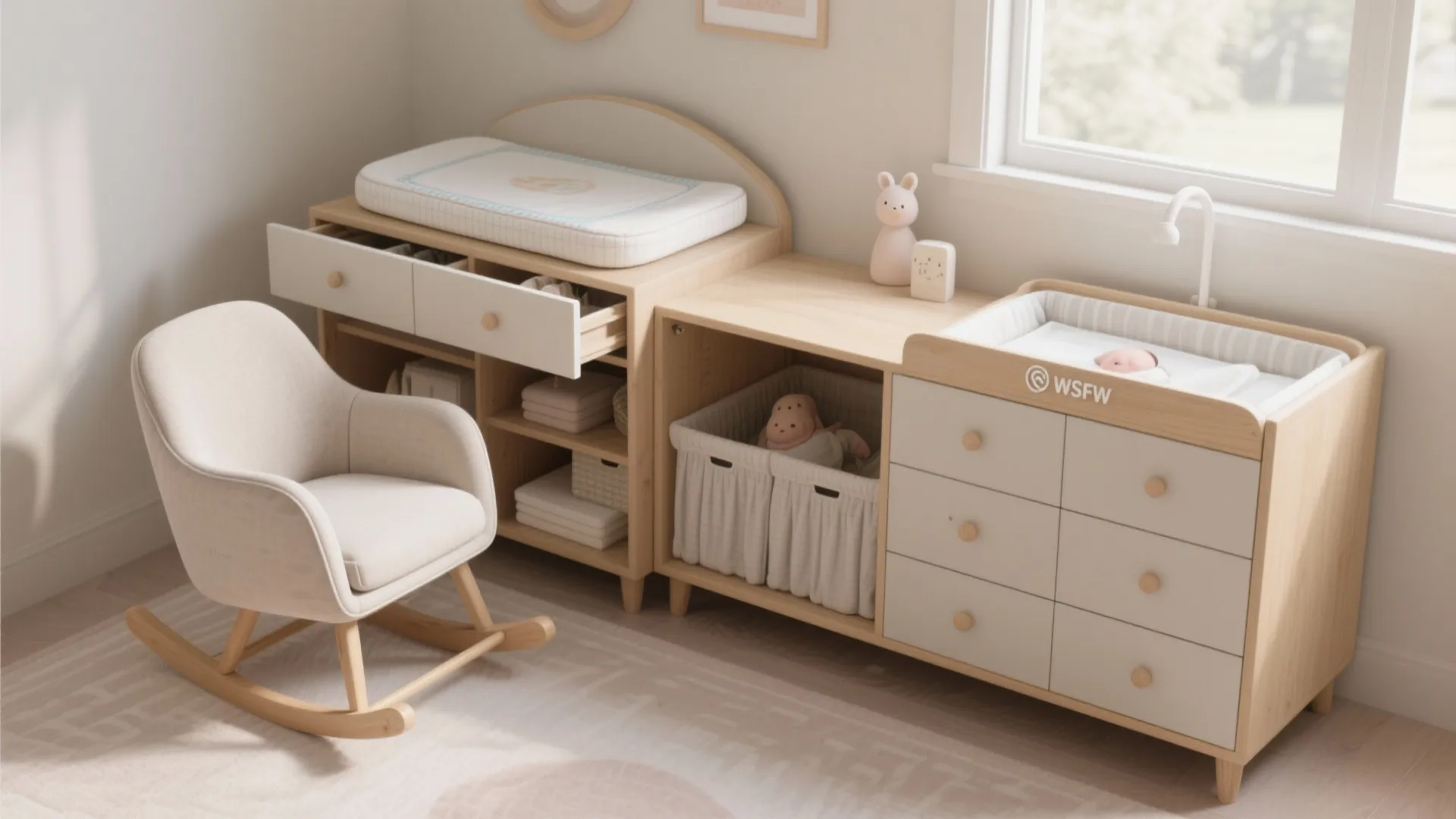 Wooden changing table with drawers rocking chair patterned rug and natural light from large window