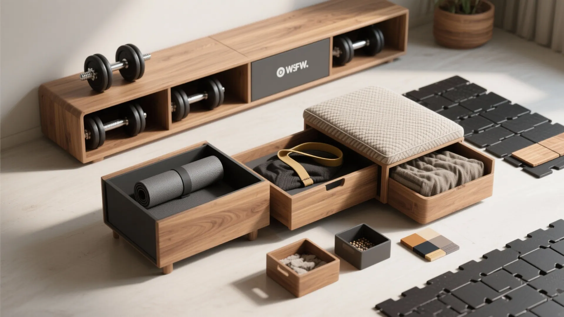 Top-down flatlay of a bench with dumbbell cubbies, open storage ottoman with yoga mat, and material swatches.