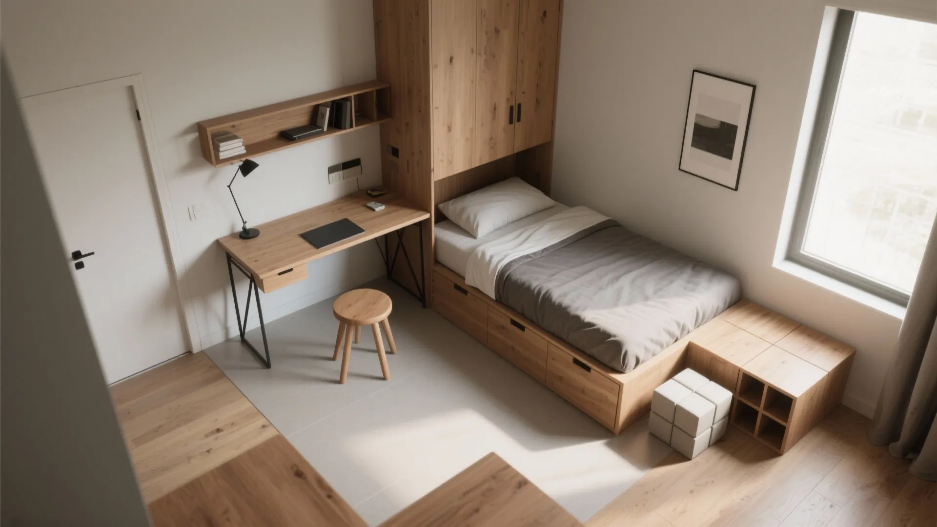 Modern small bedroom featuring a wooden desk with chair and a bed with storage drawers