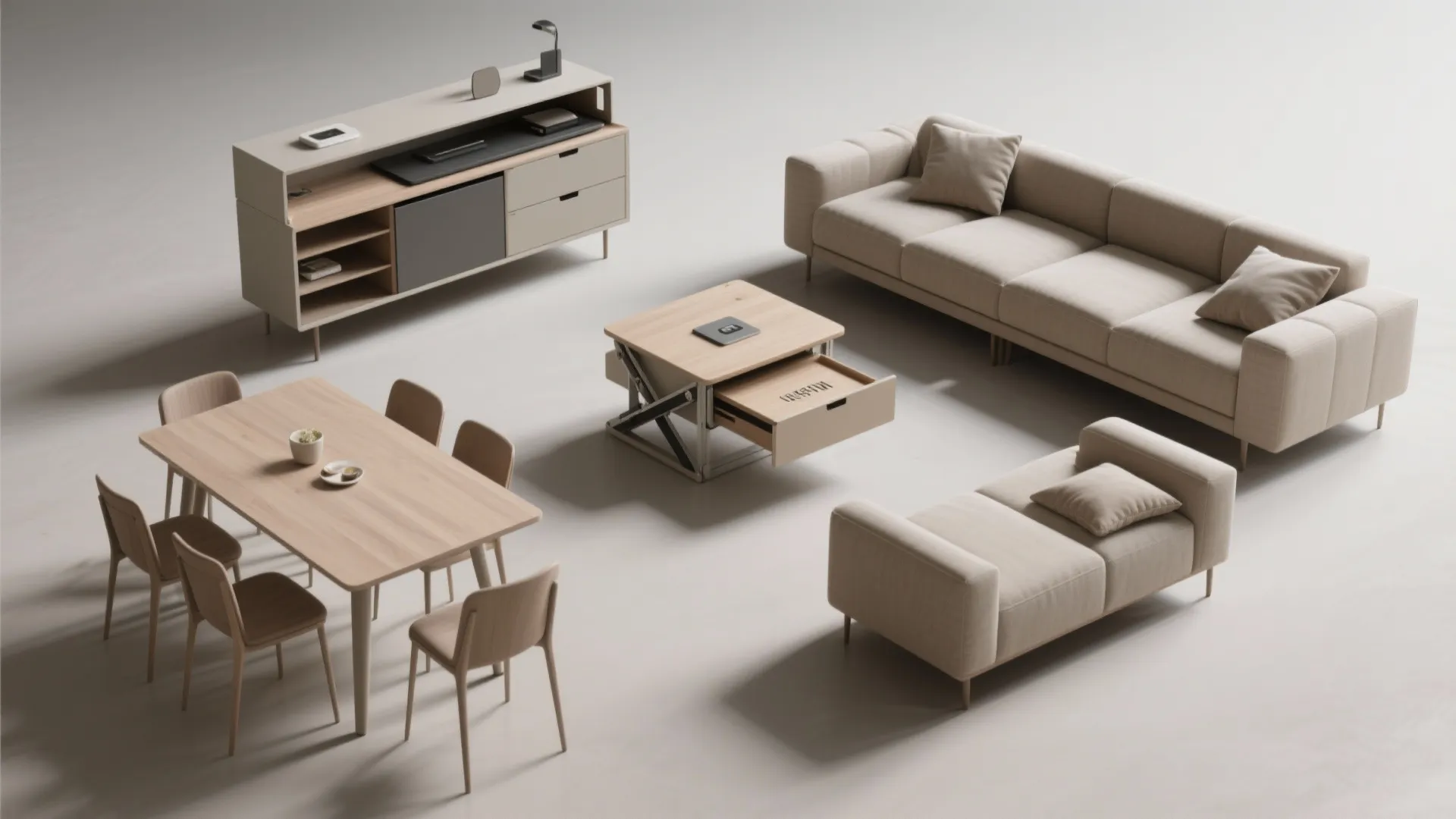 Flatlay of multi-use furniture concepts for RVs including fold-out table and modular cushions.