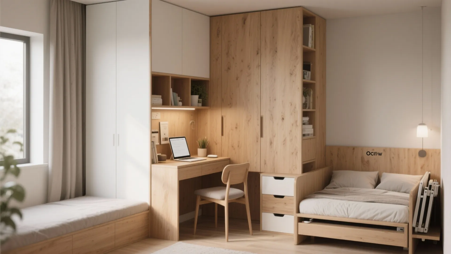 Compact modern bedroom featuring a wooden desk integrated with large cabinets and a comfortable bed