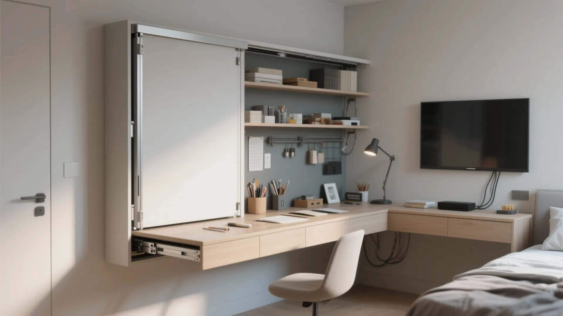 Fold-down desk and concealed TV in a flexible small-space setup
