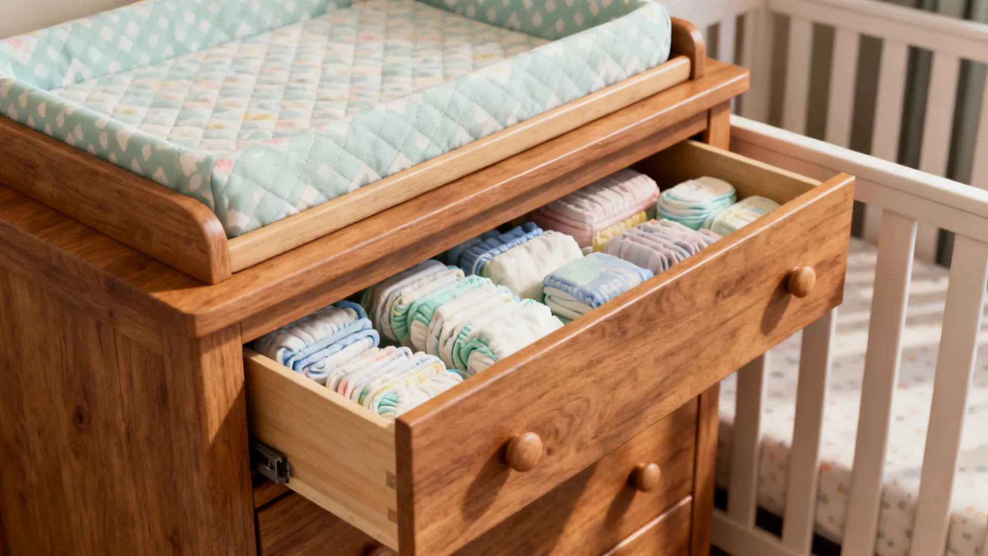 Convertible dresser with changing pad and soft-close drawers in a compact nursery.