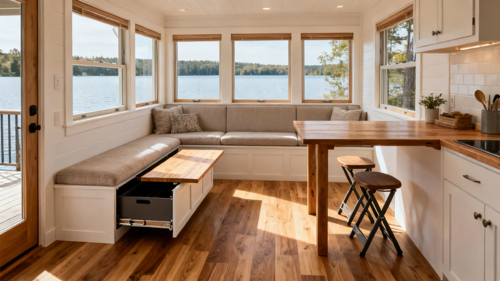 Small lake house living room with storage bench, extendable coffee table, and fold-away stools creating a multifunctional layout.