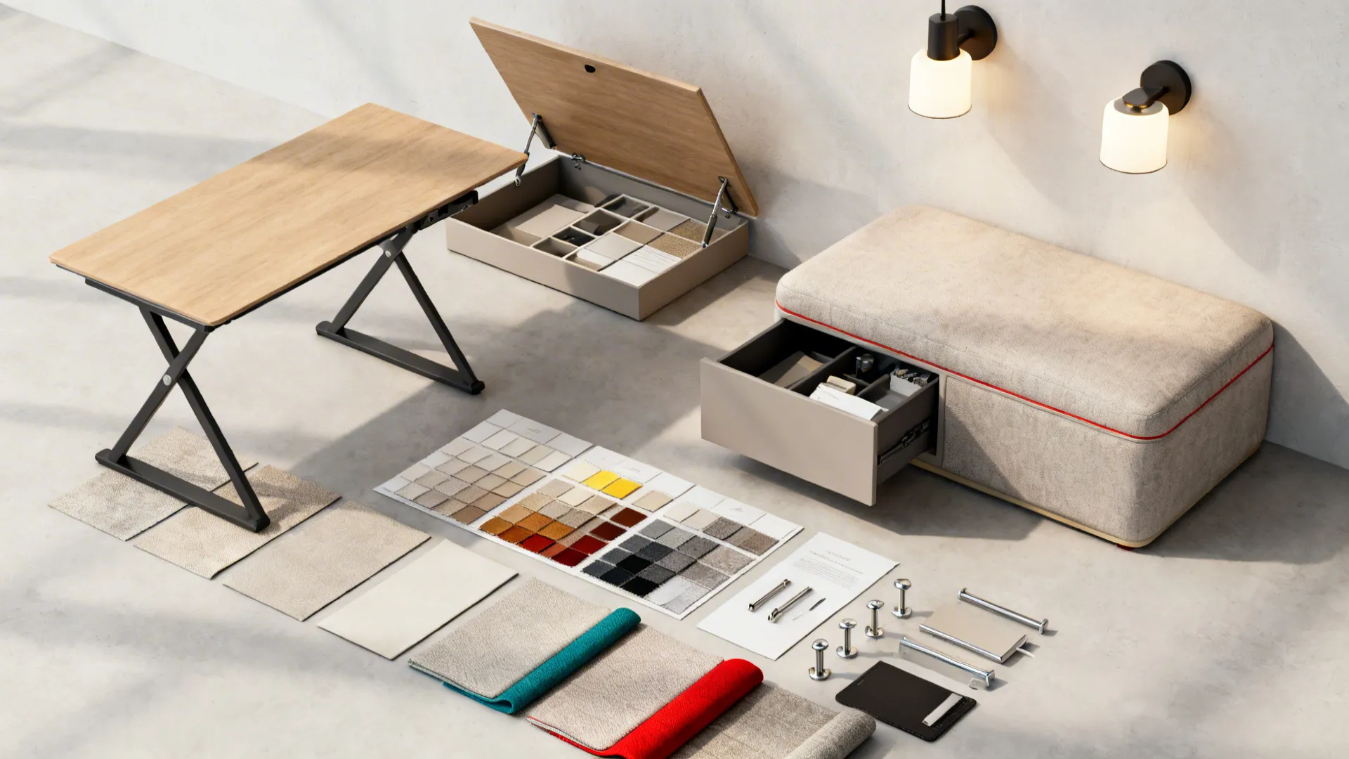Flatlay of fold-down desk, storage ottoman, wall lamps and fabric swatches for a compact shared room.