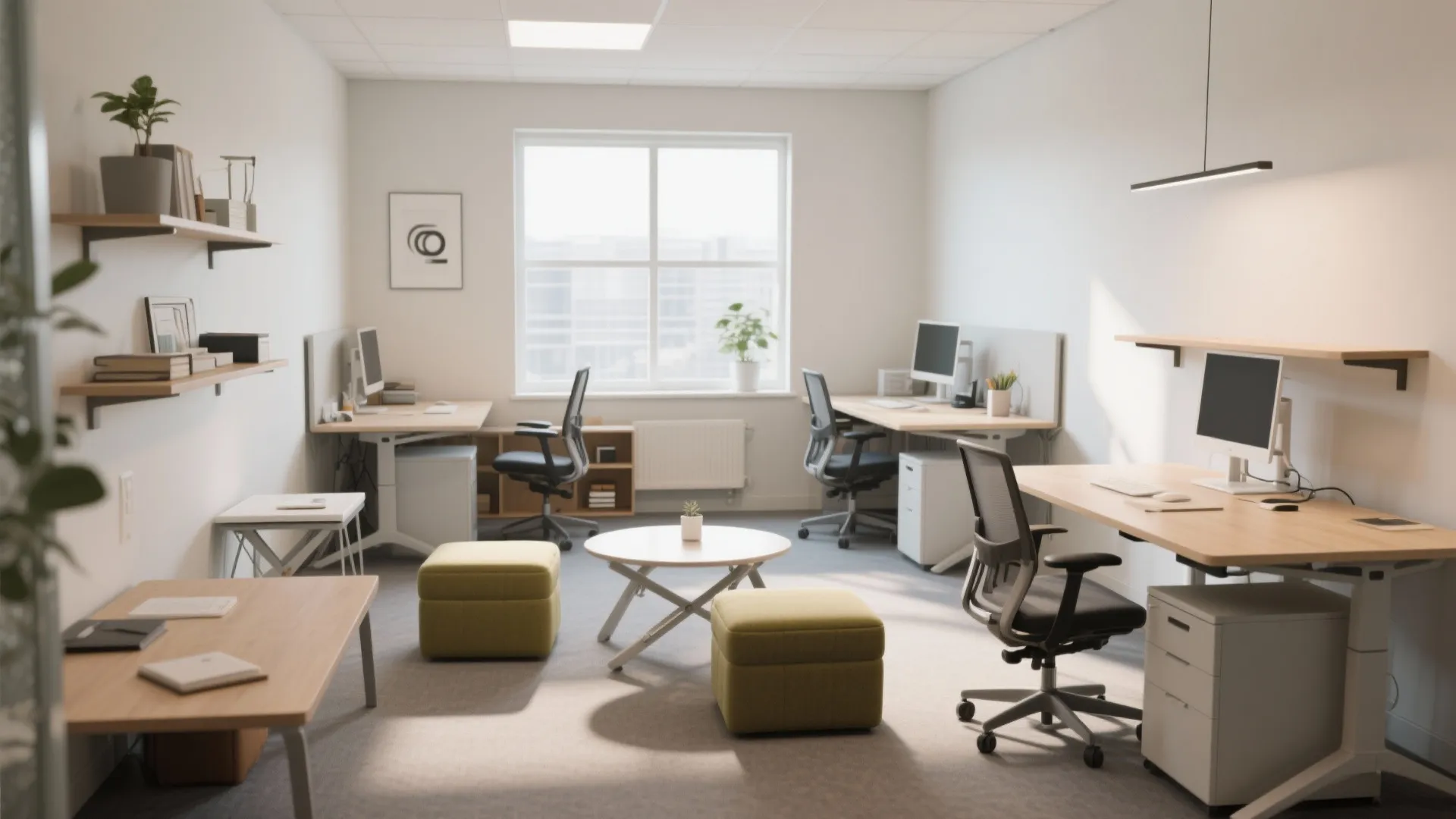 Modern office with wooden desks black chairs yellow footrests round table and one large window