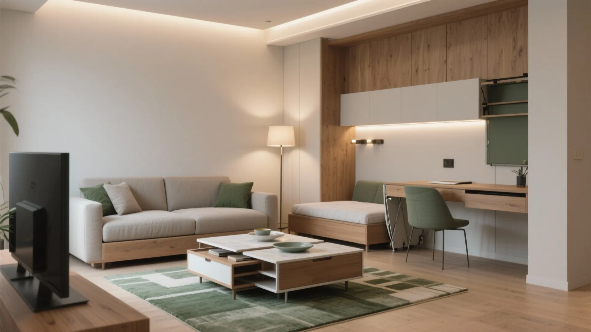 Living room and study area with sofa coffee table desk green chair and wooden wall cabinets