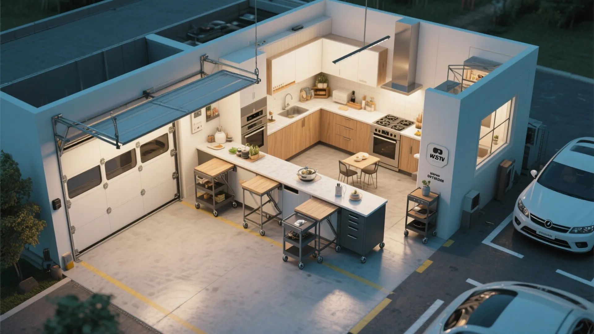 Interior design drawing of a garage converted into a kitchen with cabinets stove and breakfast bar