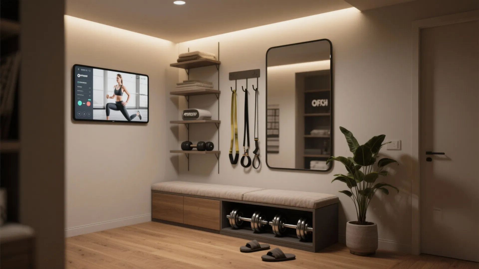 Compact home gym corner with storage bench wall mirror television screen weights and green plant